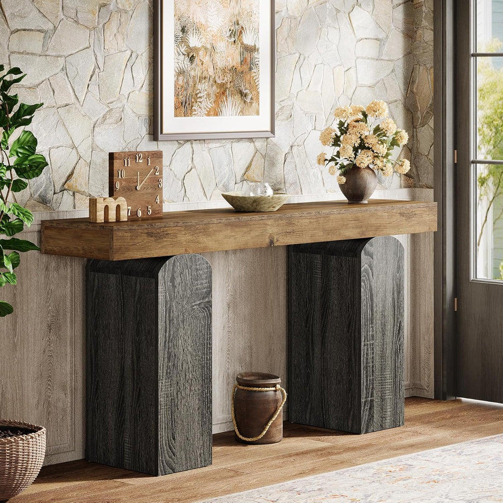 Tribesigns 63' Long Entryway Table, Farmhouse Console Table with 2 Arched Pedestal Legs, Wooden Sofa Console Behind The Couch for Entrance, Hallway, Living Room (Vintage Brown & Grey)