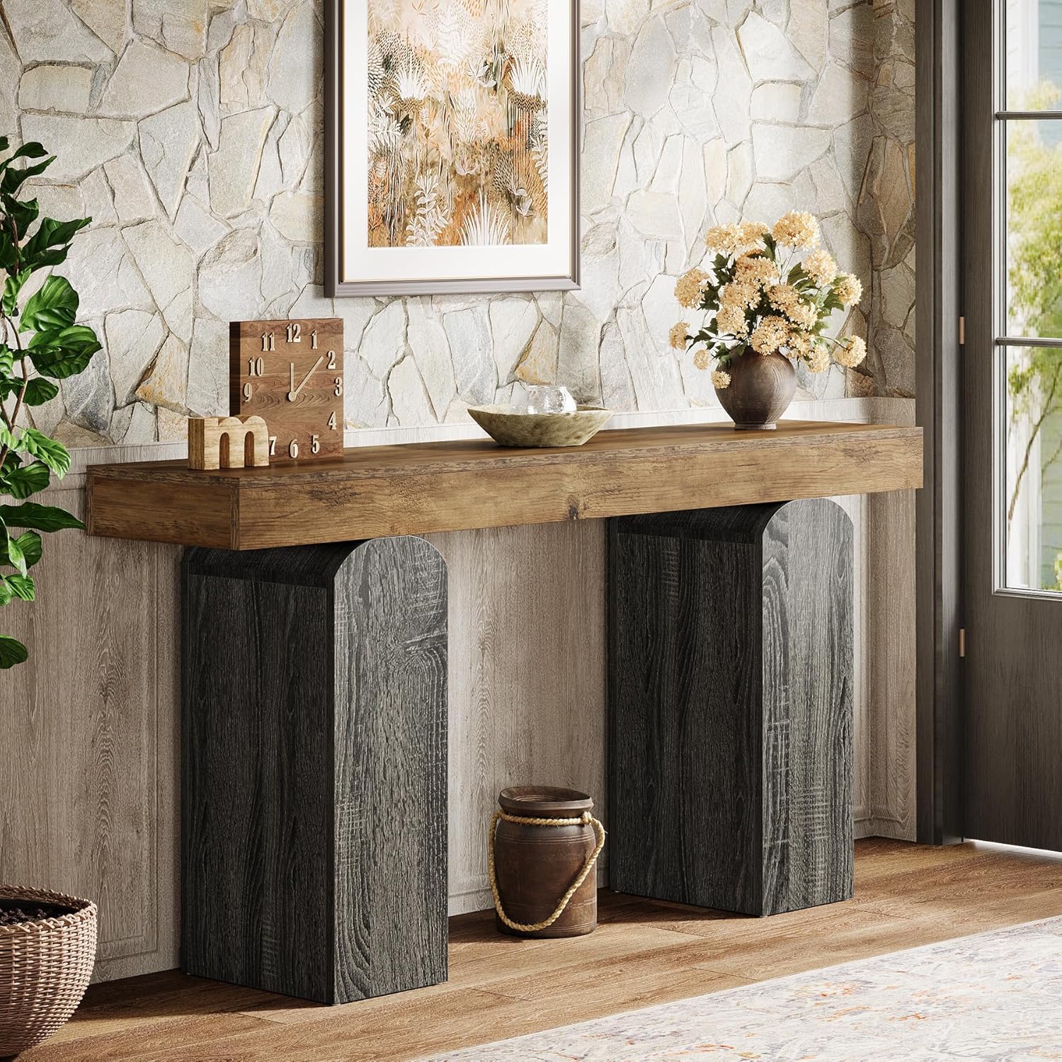 Tribesigns 63' Long Entryway Table, Farmhouse Console Table with 2 Arched Pedestal Legs, Wooden Sofa Console Behind The Couch for Entrance, Hallway, Living Room (Vintage Brown & Grey)