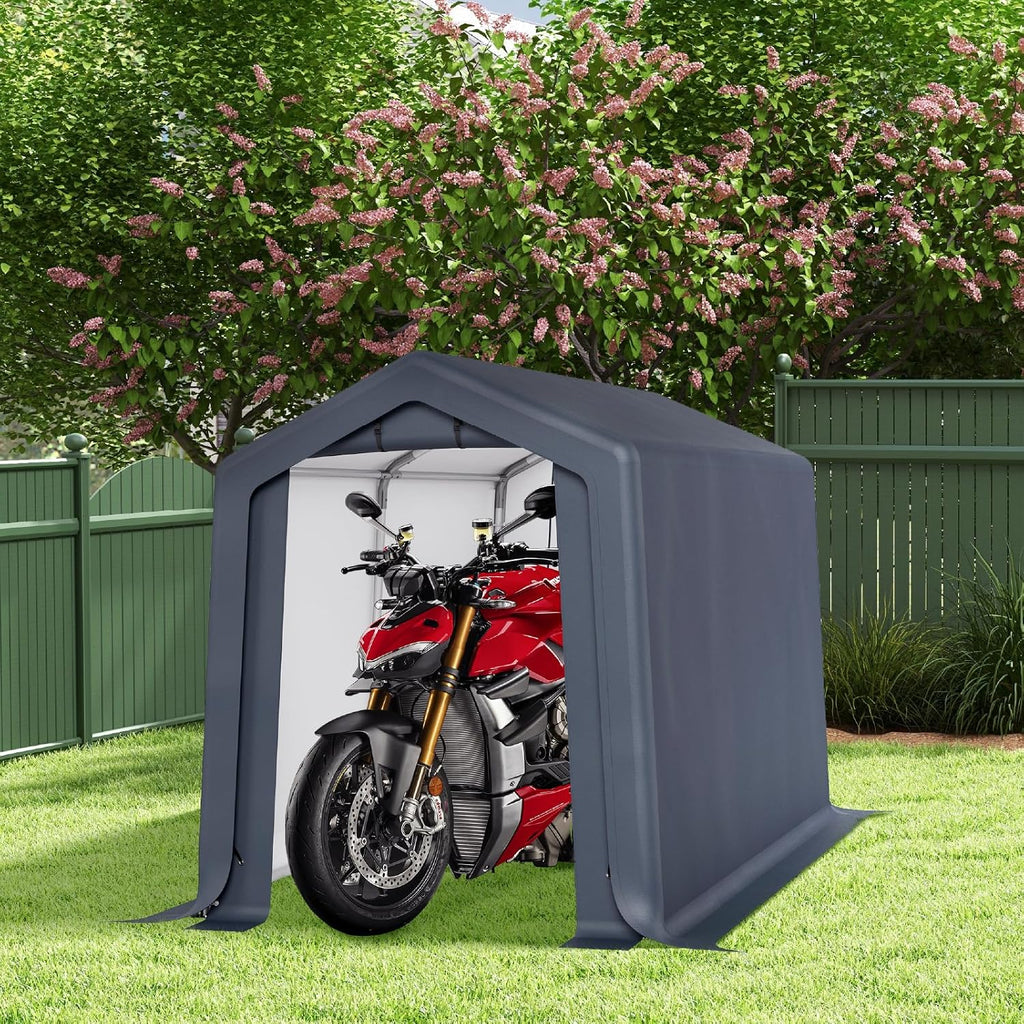 GREEN PARTY Storage Shelter Shed, 6x10 ft Portable Shed Outdoor Carport with Roll-up Zipper Door & Vents, Outdoor Storage Shed Portable Garage for Motorcycle, Bike, Waterproof & UV Protected, Gray