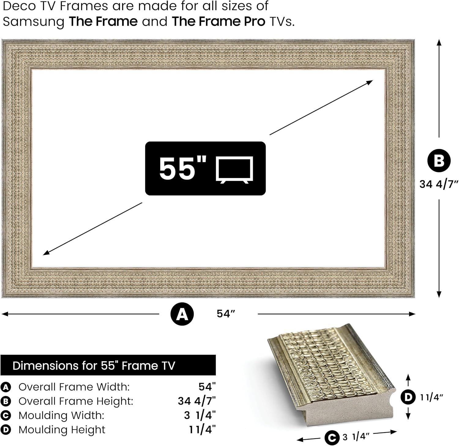 Gatsby Silver 55' Premiere Deco TV Frame - Compatible ONLY with Samsung The Frame TVs (Fits 2021-2026, LS03A, LS03B, LS03C, LS03D, LS03FA)