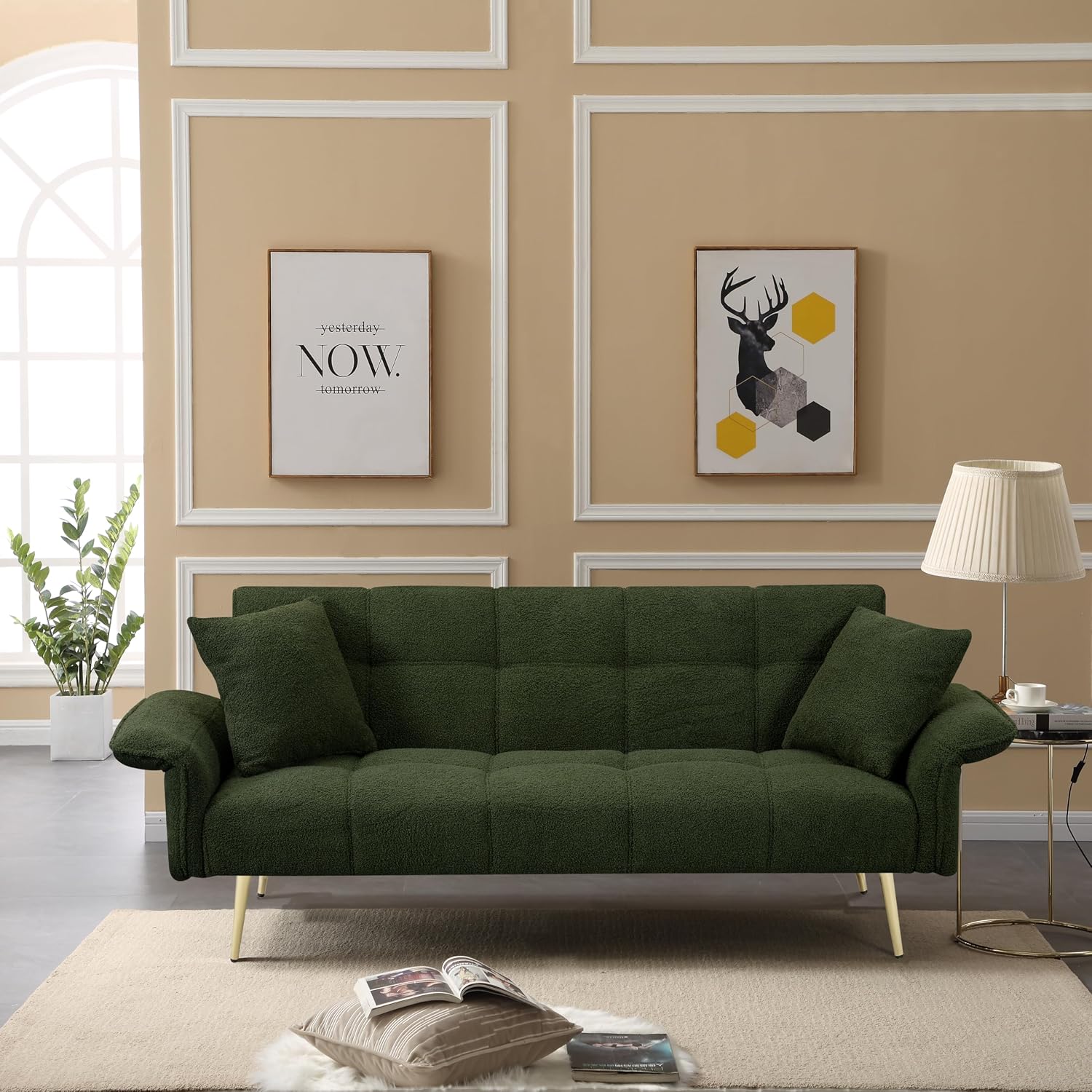 70 inch Upholstered Teddy Fleece Sofabed with Adjustable Arms and Backrest,Modern Convertible Futon Couch W/Metal Legs & Pillows,Love Sofa for Living Room,Bedroom,Apartment,Green, 70'