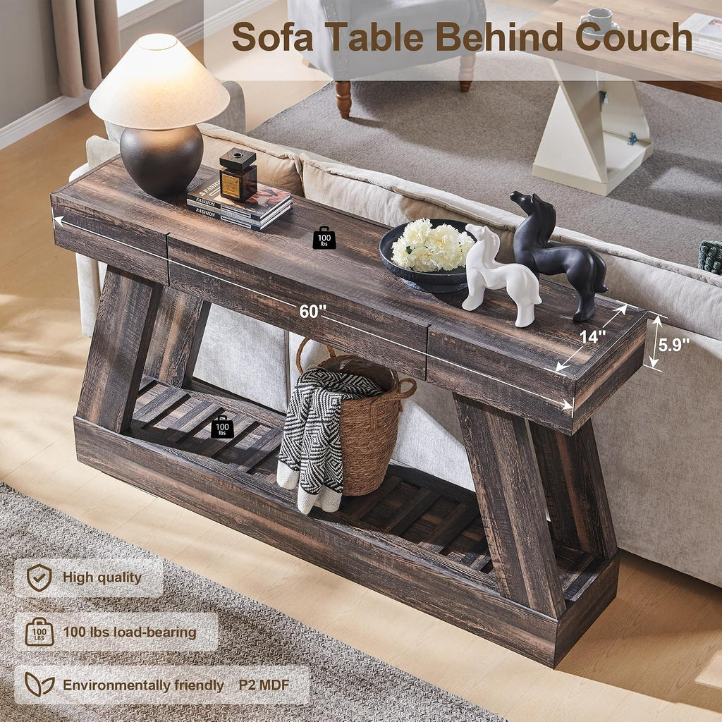 60' Farmhouse Entryway Table with Drawer, Entry Table with Storage, Sofa Table for Living Room, Behind Couch, Sofa(Dark Rustic Oak)