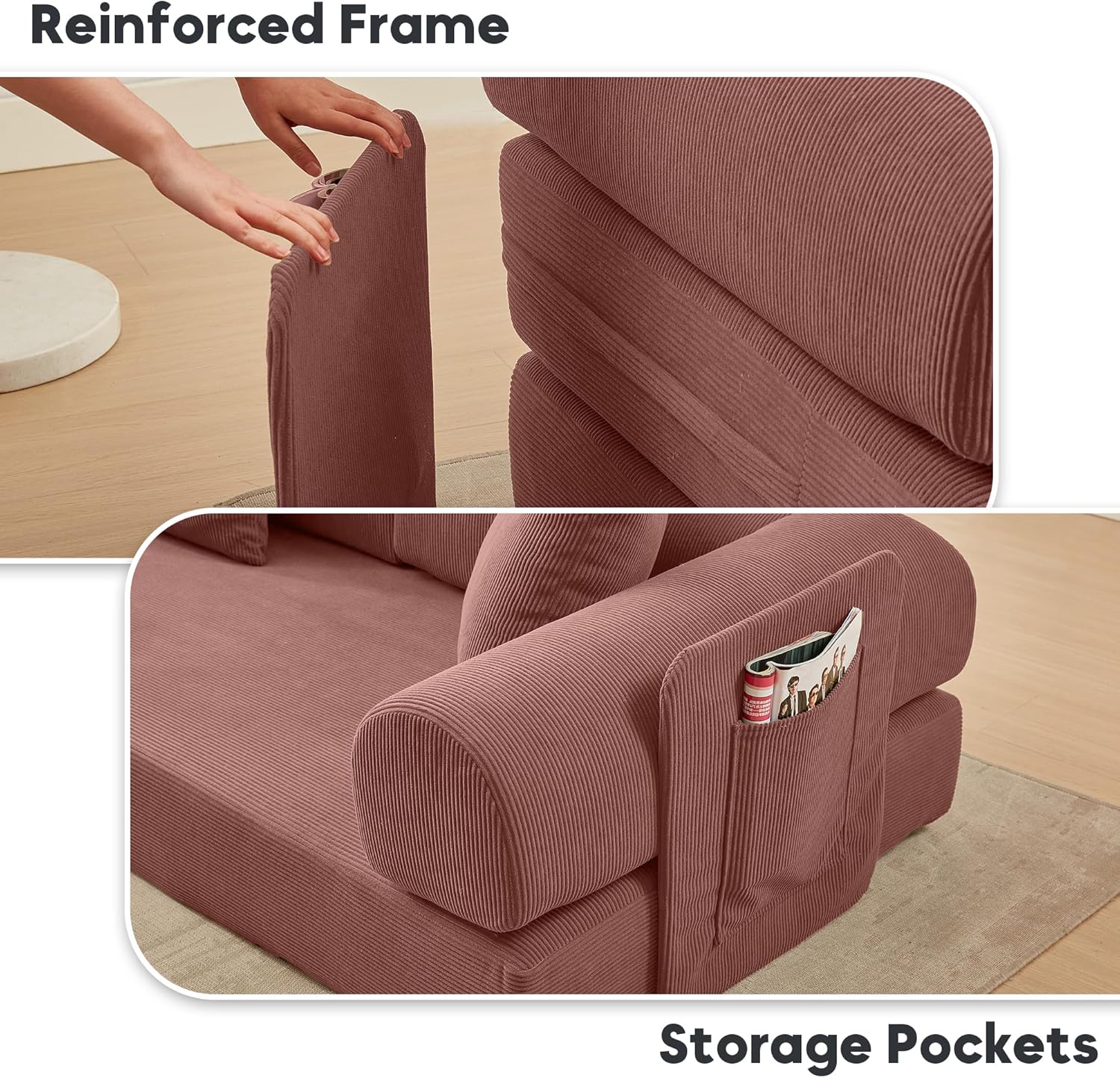 Modular L Shaped Sofa Bed with Cylindrical Pillow & Reversible Chaise, Corduroy Convertible Floor Boneless Sofa Couch Bed with Fixed-Shape Frame & Storage Pocket for Living Room, Pink