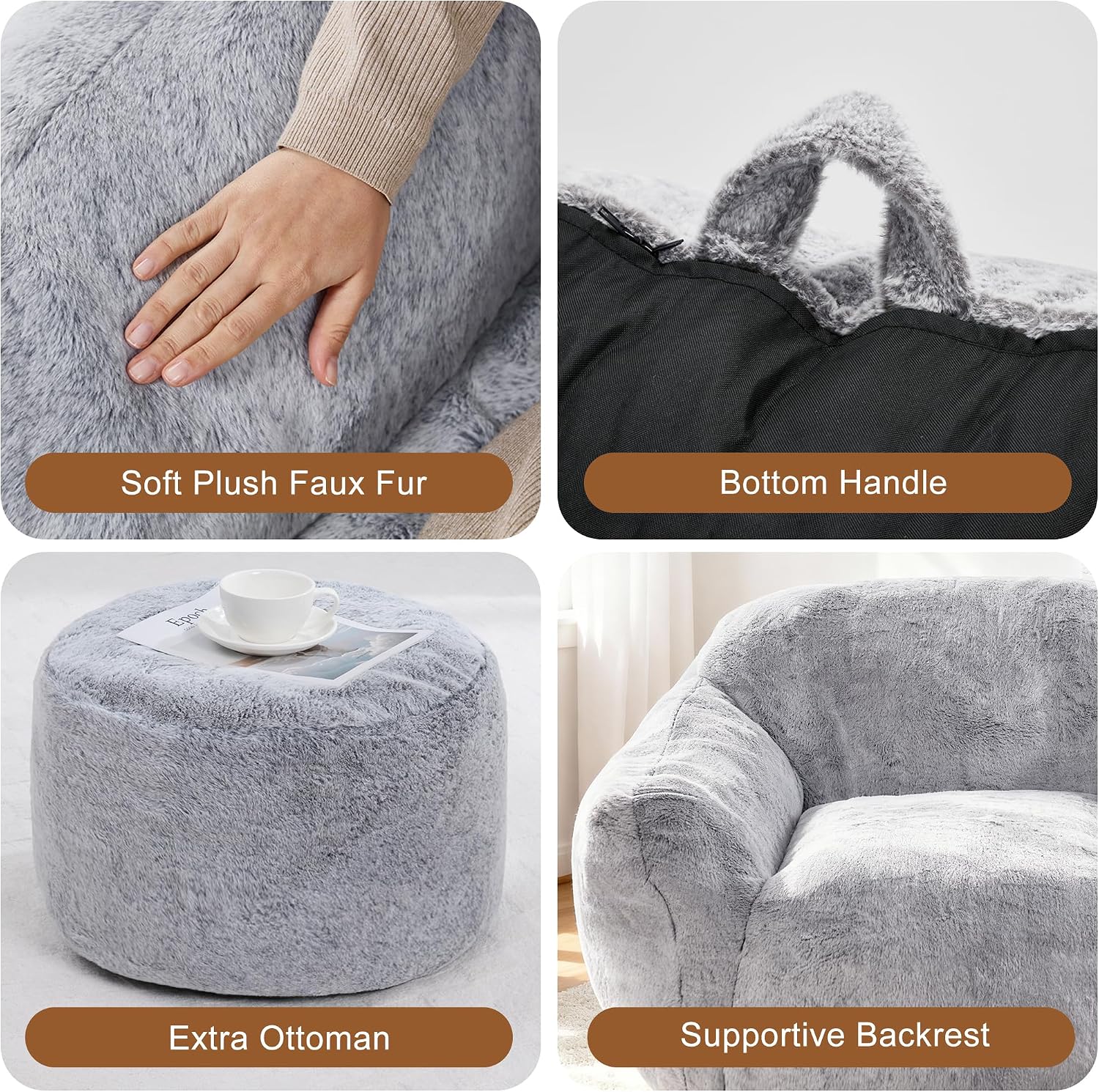 Giant Bean Bag Chair for Adults, Large Memory Foam BeanBag Chairs, Oversized Bean Bag Sofa with Filler, Faux Fur Big Reading Chair Comfy Floor Sofa Chair (Light Grey, Single with Ottoman)