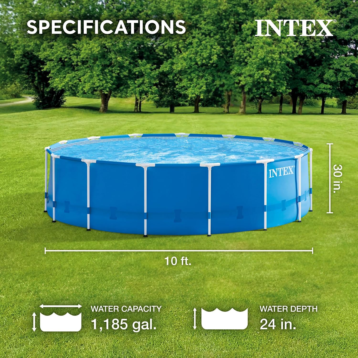 Intex Metal Frame 10ft x 30in Round Above Ground Outdoor Swimming Pool Set with 330 GPH Filter Pump, Cartridge, and Protective Round Pool Cover