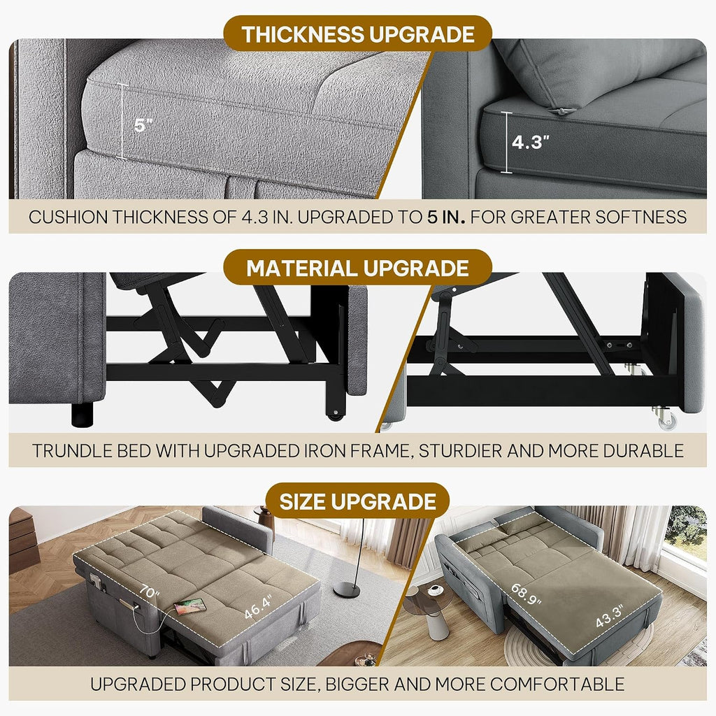 DWVO 55' Convertible Sofa Bed, 3-in-1 Sleeper Sofa with Pull-Out Bed, Velvet Futon Couch with Adjustable Backrest and USB, Modern Loveseat for Living Room Apartment, Light Grey