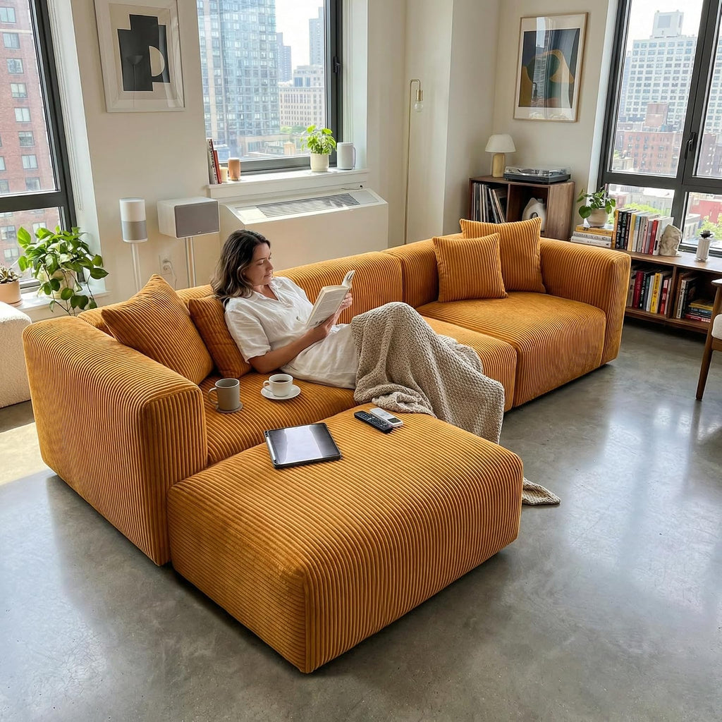 Acanva Convertible Modular Sectional Sofa with Movable Ottomans, Free Combination Corduroy Couch for Living Room Apartments, L-Shaped, Yellow