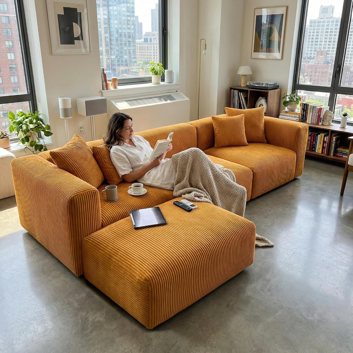 Acanva Convertible Modular Sectional Sofa with Movable Ottomans, Free Combination Corduroy Couch for Living Room Apartments, L-Shaped, Yellow