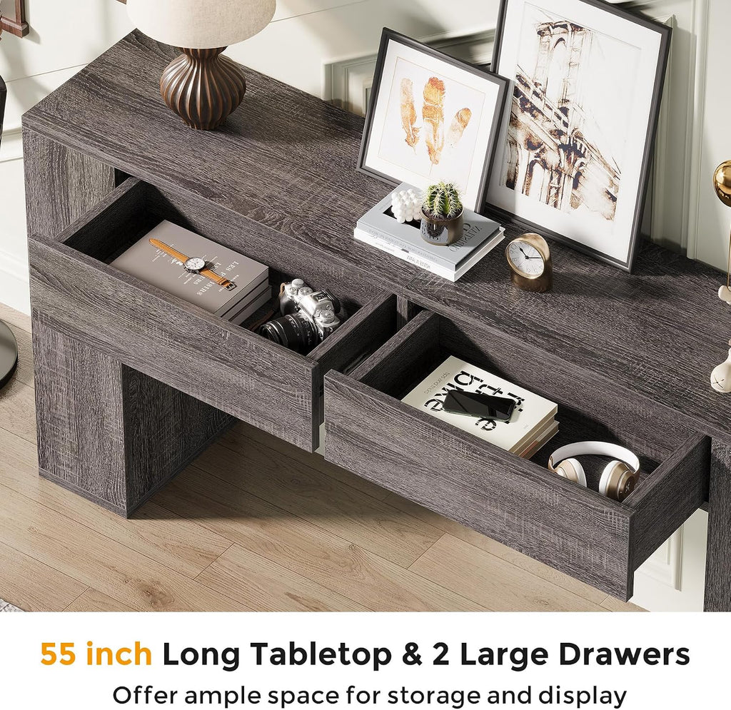 Farmhouse Console Table with LED Light and 2 Drawers, 55 inch Long Sofa Table Behind Couch, Narrow Entry Table for Entryway, Hallway, Entrance, Living Room (Gray)