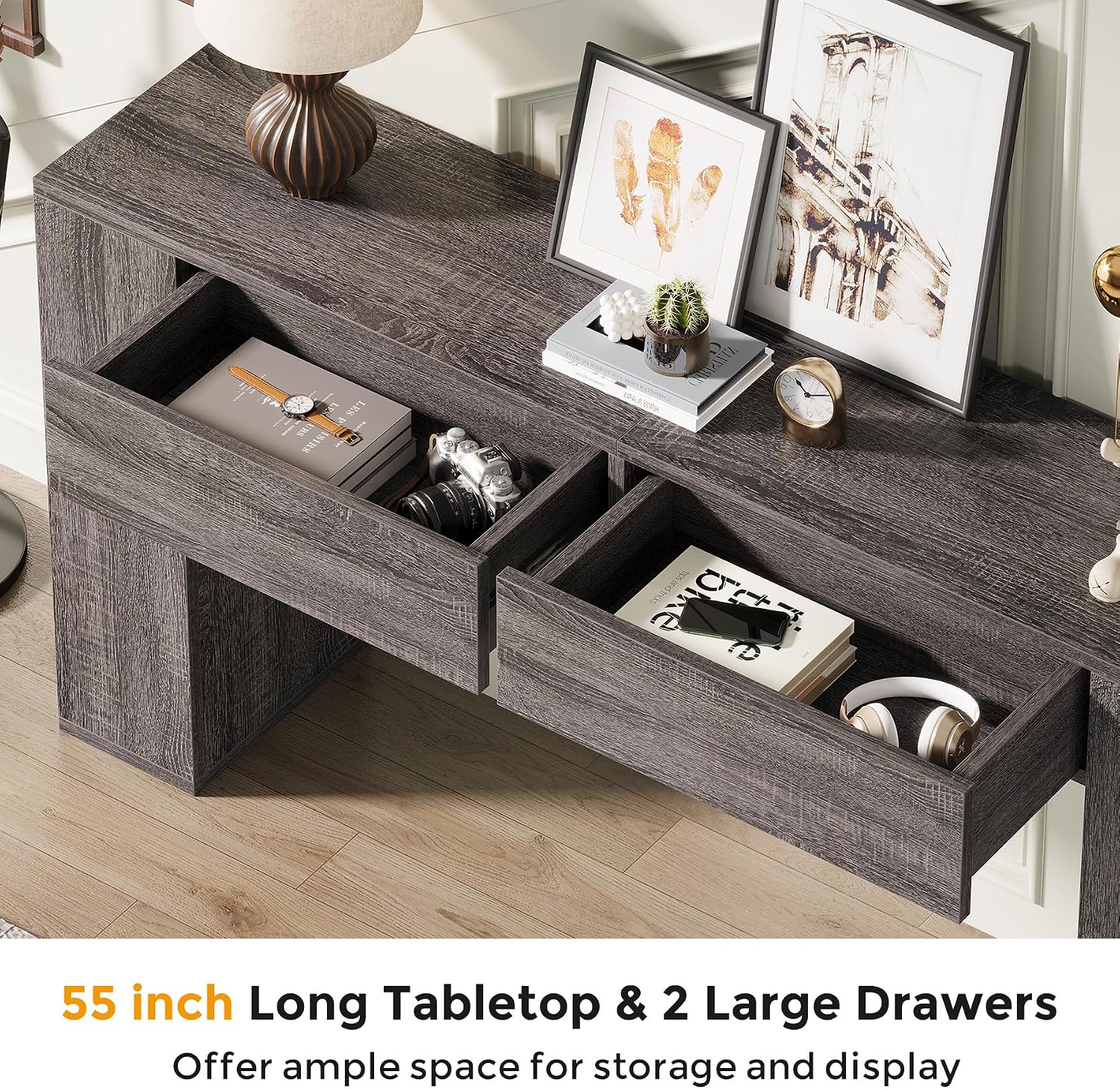 Farmhouse Console Table with LED Light and 2 Drawers, 55 inch Long Sofa Table Behind Couch, Narrow Entry Table for Entryway, Hallway, Entrance, Living Room (Gray)