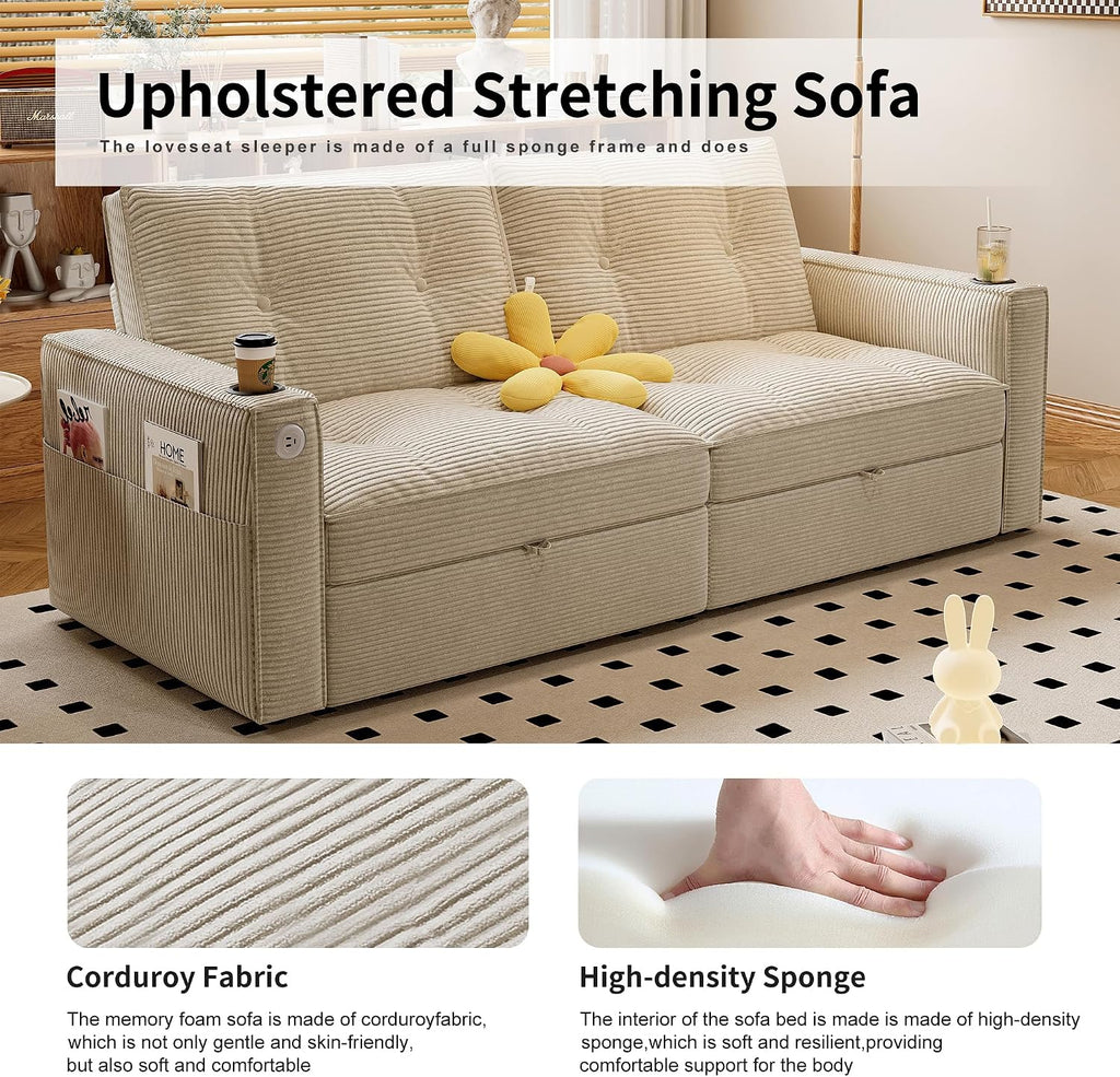 73' Queen Size Sofa Bed, Loveseat Sleeper Sofa with Pull Out Bed, Pockets and USB, Modern 2 Seater Convertible Small Couch for Living Room Bedroom Apartment (Beige, Corduroy)