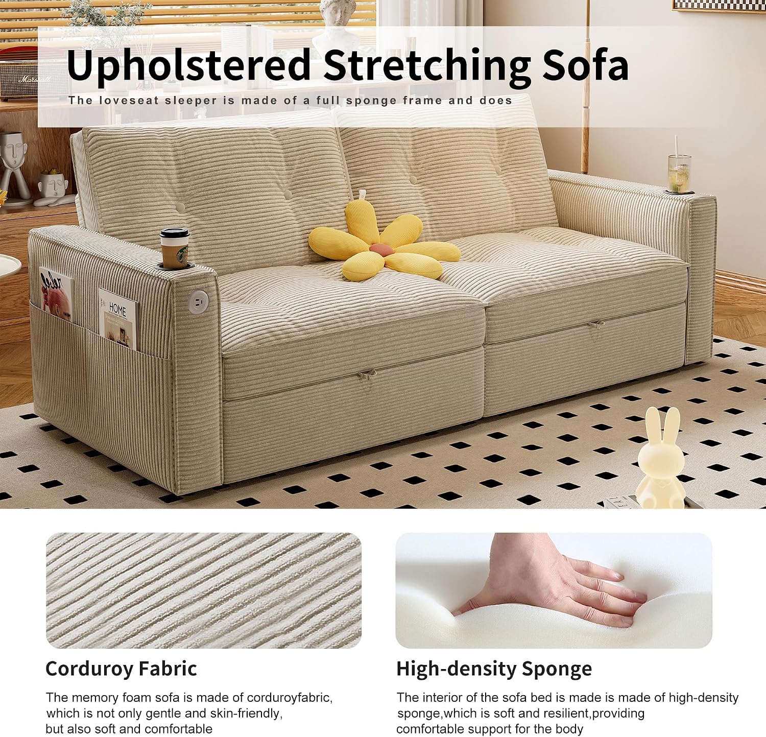 73' Queen Size Sofa Bed, Loveseat Sleeper Sofa with Pull Out Bed, Pockets and USB, Modern 2 Seater Convertible Small Couch for Living Room Bedroom Apartment (Beige, Corduroy)