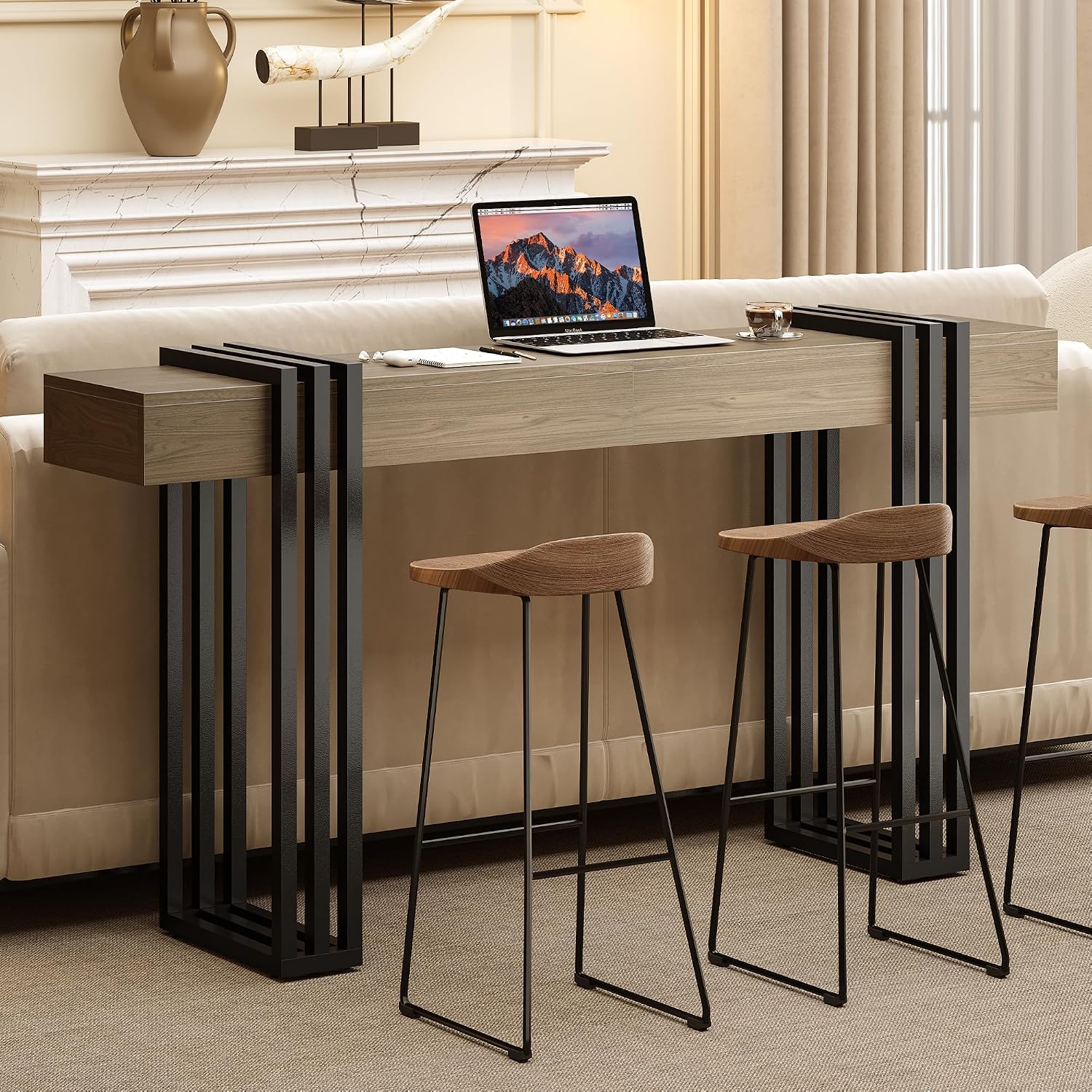 63' Long Console Table for Entryway - Behind Couch Table for Living Room, Wood Sofa Tables with Black Parallel Metal Frame & Power Outlet for Hallway, Entrance, Narrow Foyer, Light Walnut