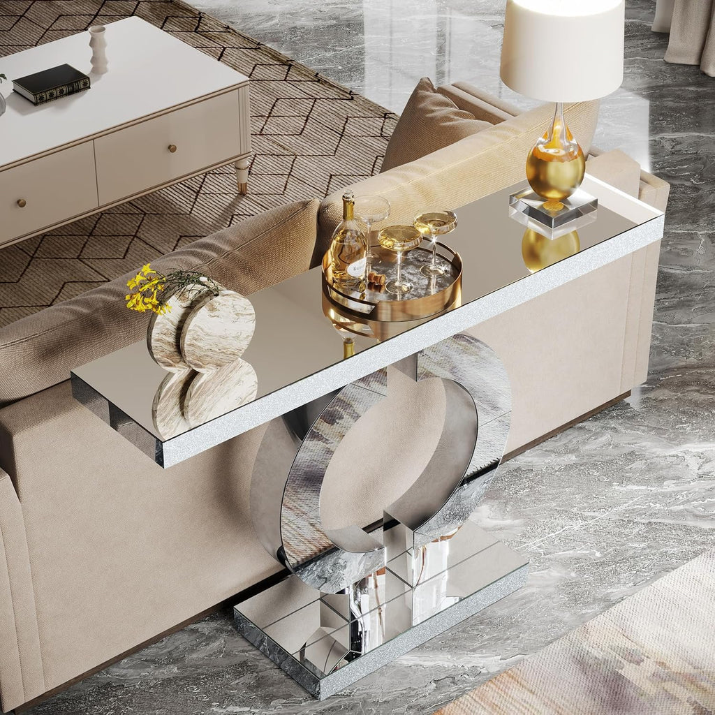 Tribesigns Modern Mirrored Console Table, Glass Sofa Table with Mirror Finish, 43-Inch Entryway Table with O-Shaped Base, Rectangular Accent Foyer Table for Living Room Hallway Entrance (Silver)