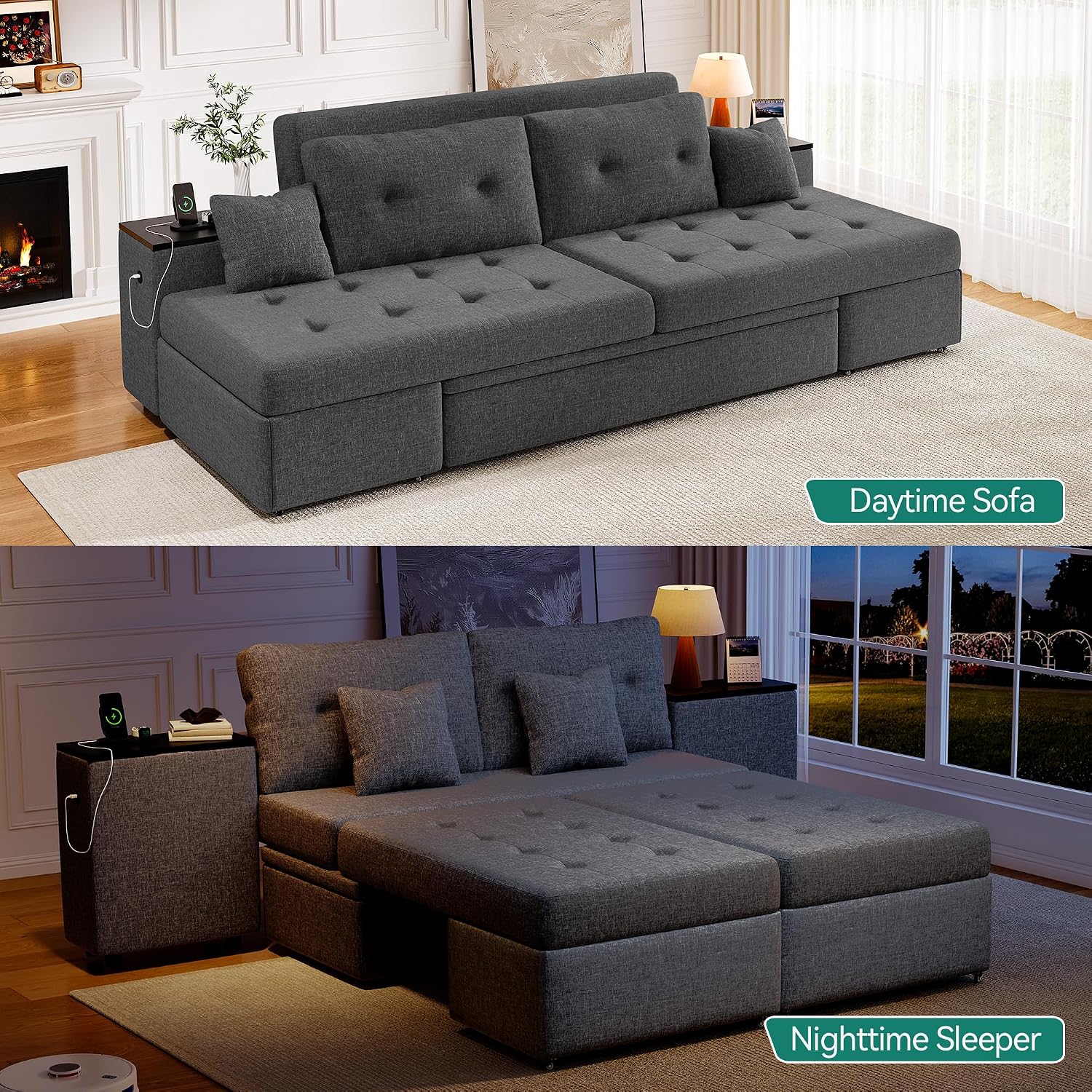 DWVO Queen Size Sofa Bed, 5-in-1 Multi-functional Convertible Sleeper Sofa with 2 Storage Cabinet Nightstand & USB Ports, 100' Sectional Sofa Couch with 2 Comfy Pillows for Living Room Apartment, Grey