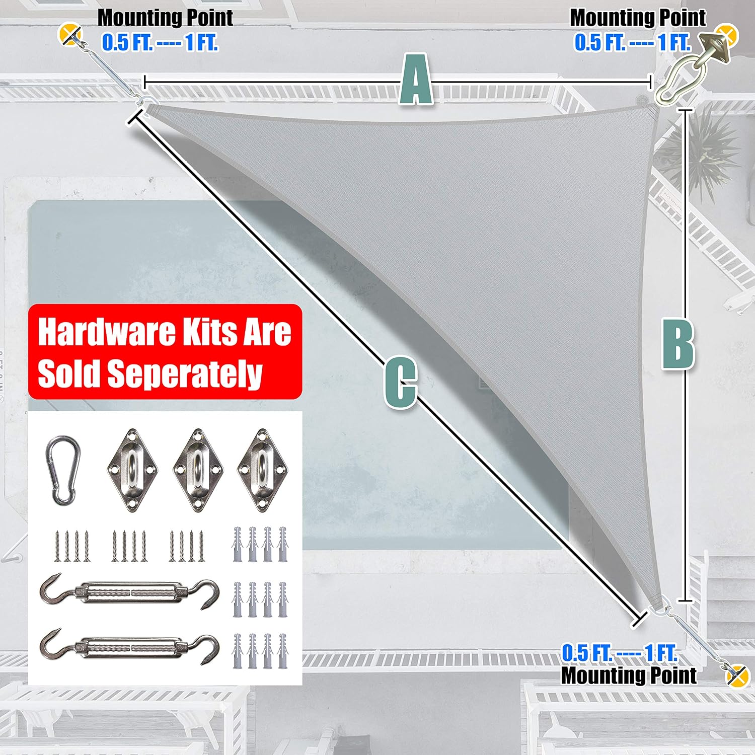 Amgo Custom Size 14' x 20' x 24.4' Gray Right Triangle Sun Shade Sail UPF50+ AGTAPRT16, Order to Make Canopy Awning, 95% UV Blockage, Water & Air Permeable, Commercial Standard (We Customize)