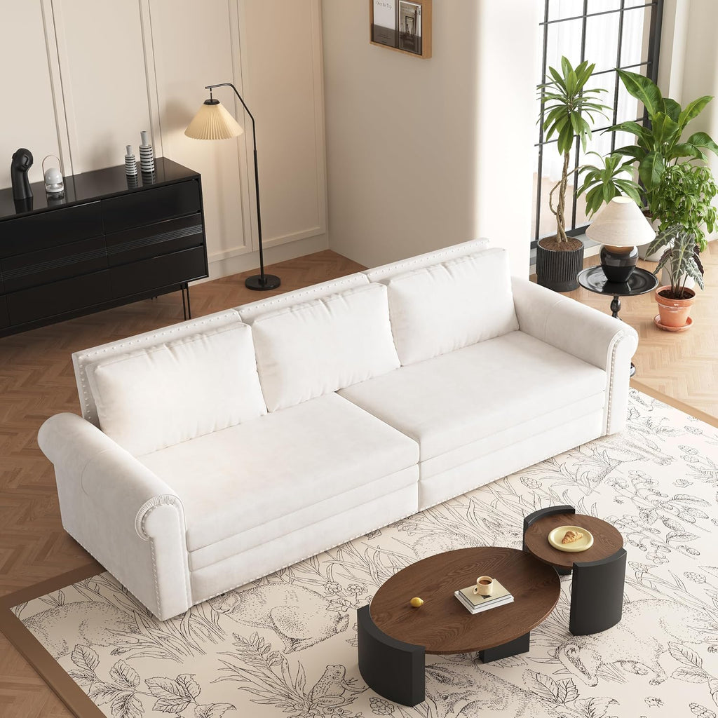 King Size 93.7' Pull Out 3 Seat Sofa with 2 Pillows, 3-in-1 Velvet Fabric Convertible Sleeper Sofa Bed, Fold Couch for Living Room, Office and Small Space, Beige