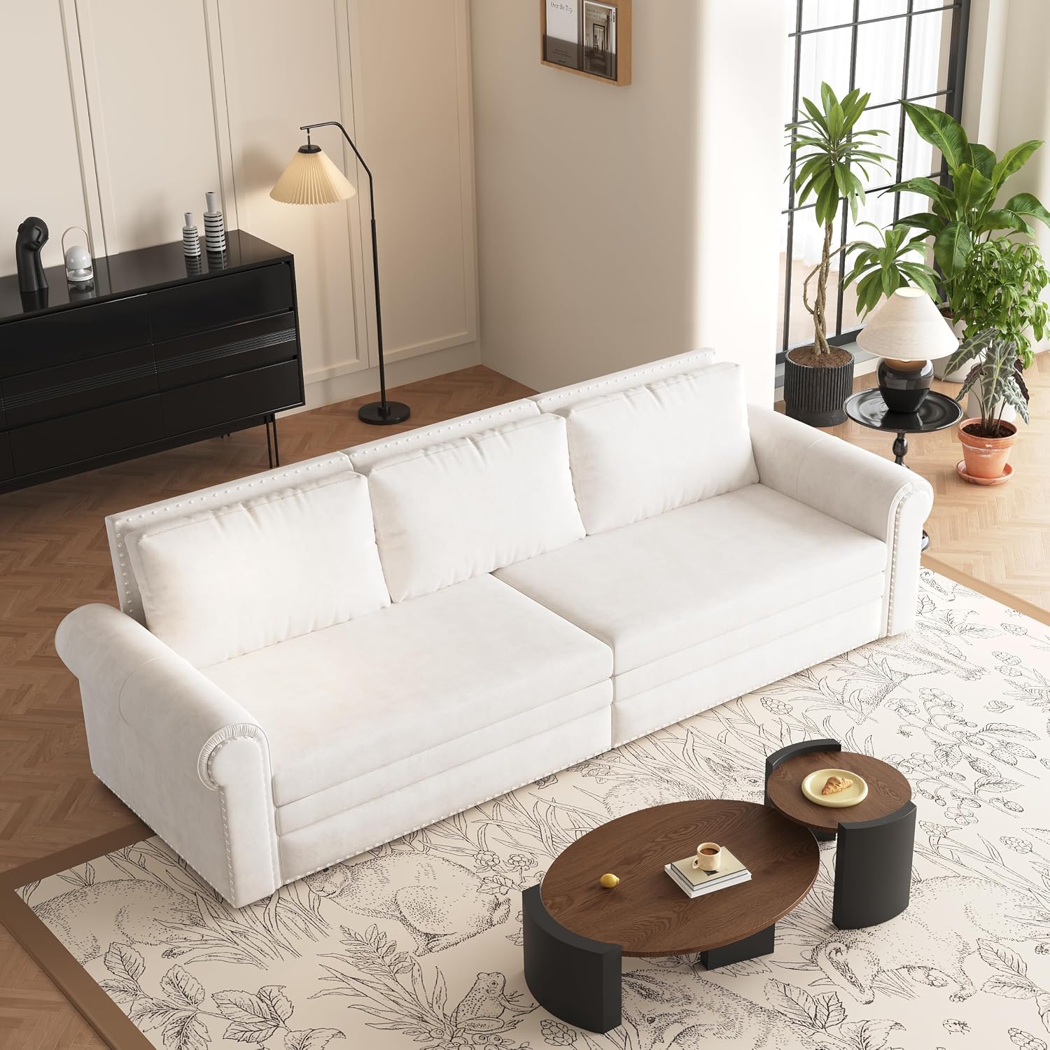 King Size 93.7' Pull Out 3 Seat Sofa with 2 Pillows, 3-in-1 Velvet Fabric Convertible Sleeper Sofa Bed, Fold Couch for Living Room, Office and Small Space, Beige