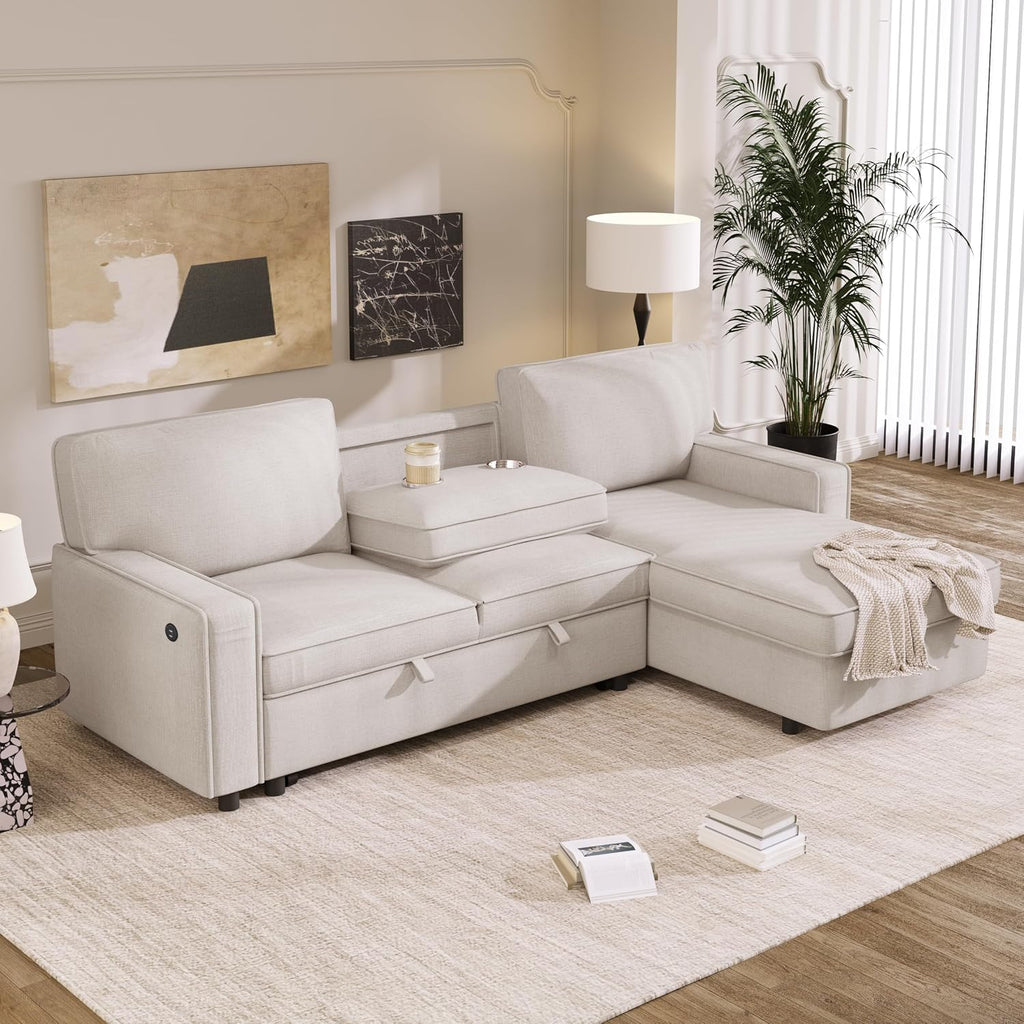 Ball & Cast 89' Sleeper Sofa, L Shaped Sectional Couch with Pullout Bed & Reversible Storage Chaise,Upholstered Sofa Bed with 2 Cup Holders & USB Port,Pull Out Couch for Living Room, Apartment,Beige