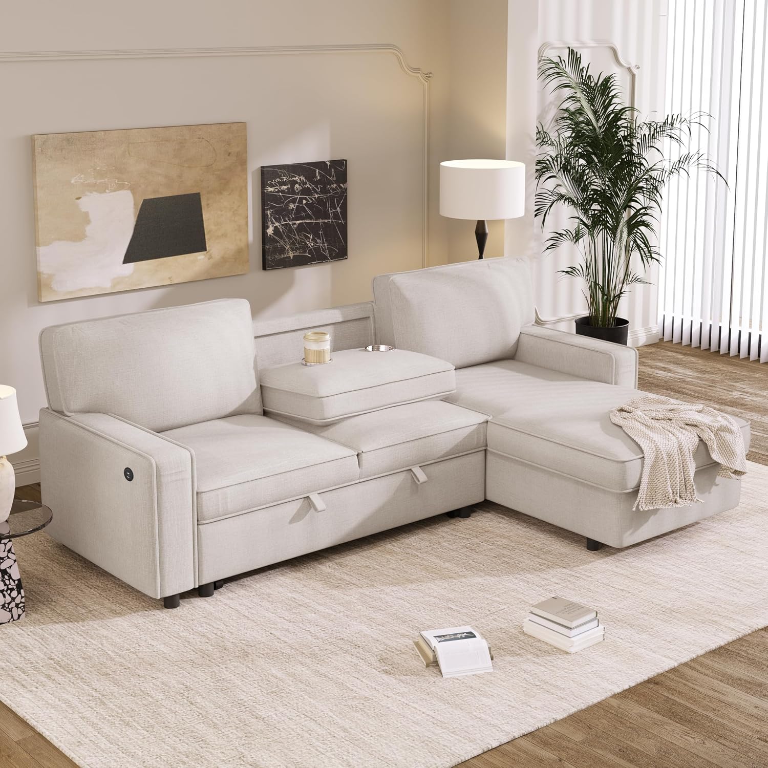 Ball & Cast 89' Sleeper Sofa, L Shaped Sectional Couch with Pullout Bed & Reversible Storage Chaise,Upholstered Sofa Bed with 2 Cup Holders & USB Port,Pull Out Couch for Living Room, Apartment,Beige
