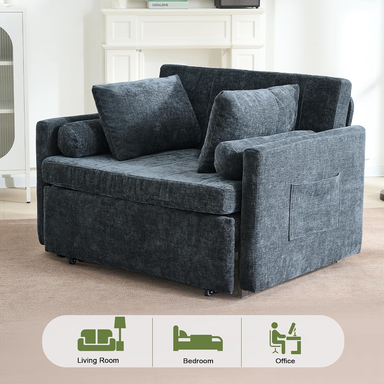 45' Oversize 3-in-1 Sleeper Chair, 75' Long Pull-Out Sleeper Sofa Bed with Wing Table and Side Pocket for Living Room, Bedroom, Small Space,Blue