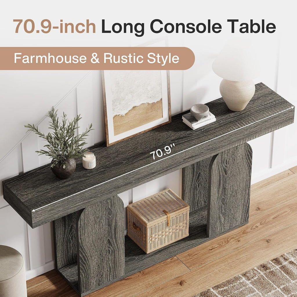 Tribesigns Farmhouse Wood Console Table, 70.9-Inch Entryway Accent Table with U-Shaped Base, 2-Tier Extra Long Sofa Tables for Entrance, Hallway, Living Room (Dark Gray)