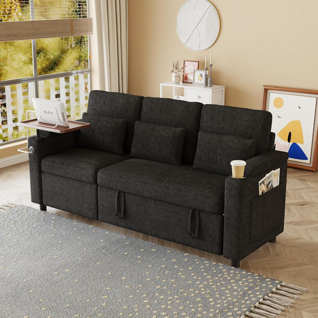 Queen Sectional Sleeper Sofa with Reclining Chair, Multi-Functional 3-Seater Couch with Pull Out Bed, Feature Cup Holder, Laptop Table and USB Port for Living Room, Apartment