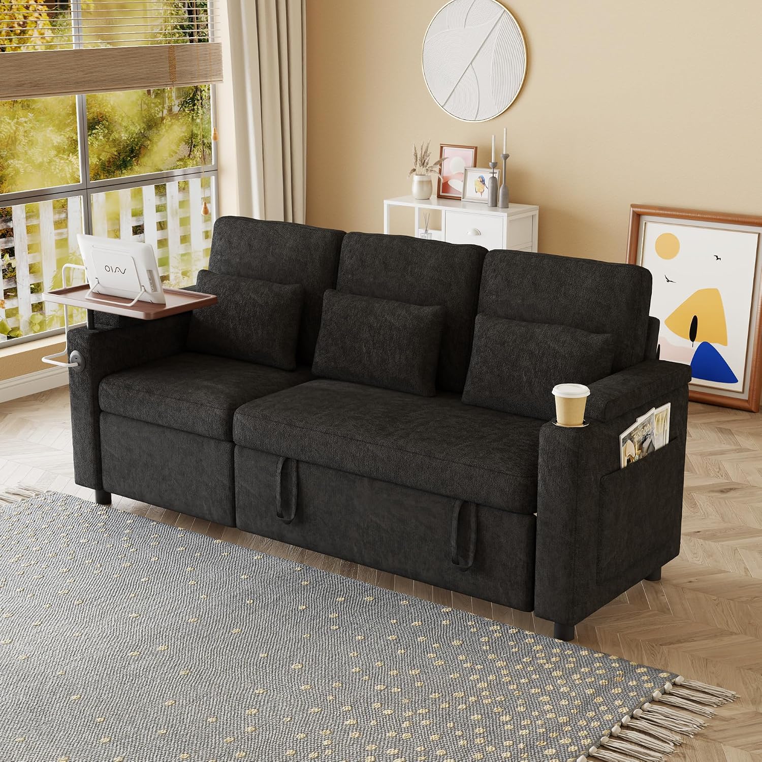 Queen Sectional Sleeper Sofa with Reclining Chair, Multi-Functional 3-Seater Couch with Pull Out Bed, Feature Cup Holder, Laptop Table and USB Port for Living Room, Apartment