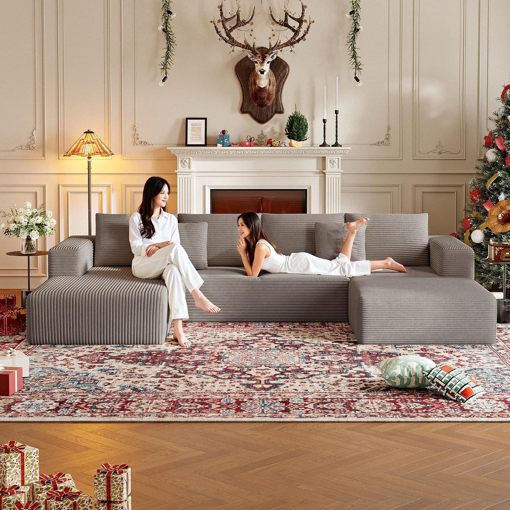 CHORRO134.6''Sectional Boneless Couch for Livingroom,Modular Corduroy Cloud Couch, U-Shaped Sofa with Chaise and Pillows,4-Deep Seat Sectional Sofa with 1 Ottoman,(Camel,Left Chaise)