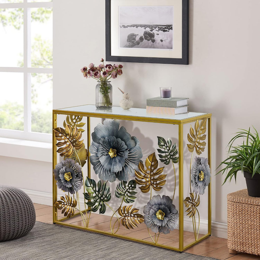 Lewahom Console Table, Vintage Art Sofa Table with Metal Flower Decor, Narrow Entryway Tables with Glass Mirror Tabletop Behind Sofa, Narrow Accent Table for Entryway Living Room Hallway Bedroom
