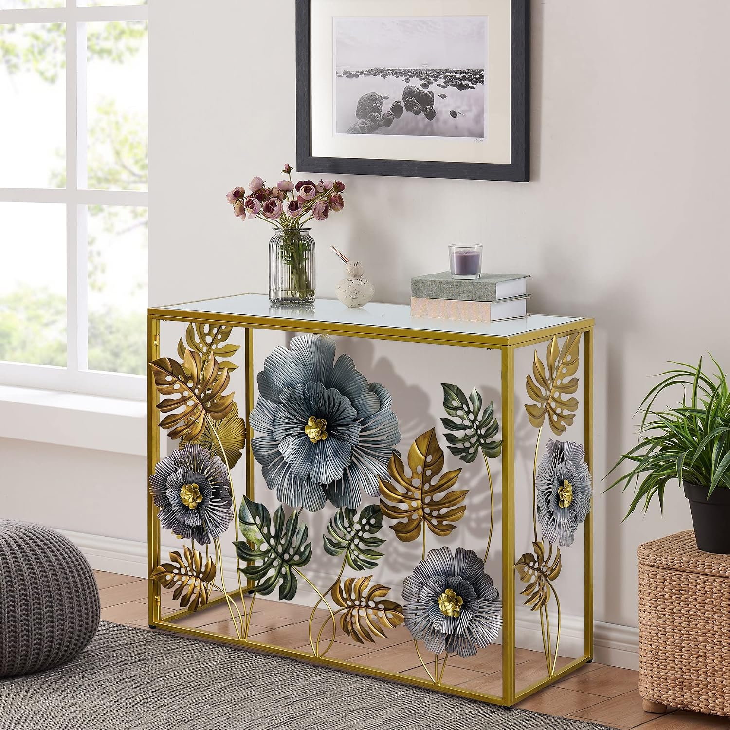 Lewahom Console Table, Vintage Art Sofa Table with Metal Flower Decor, Narrow Entryway Tables with Glass Mirror Tabletop Behind Sofa, Narrow Accent Table for Entryway Living Room Hallway Bedroom