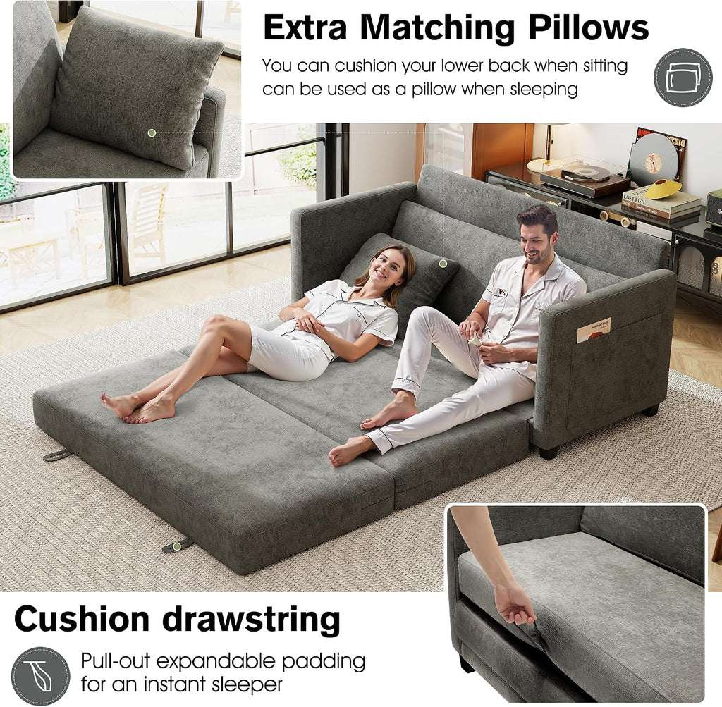 65' Loveseat Sleeper Sofa Bed, Chenille Convertible Floor Sofa Bed for Small Spaces, Folding Couch Bed with Deep Seat, 2 Pillows & Solid Frame, Pull Out Floor Couch for Living Room, Grey