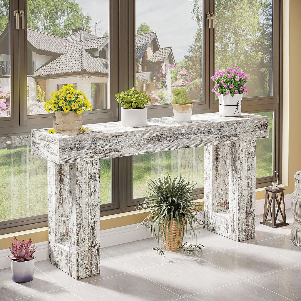Tribesigns 63-Inch Long Console Table, Wooden Rectangular Sofa Table Behind The Couch, Farmhouse Entryway Table for Entrance, Hallway, Living Room (Distressed White)