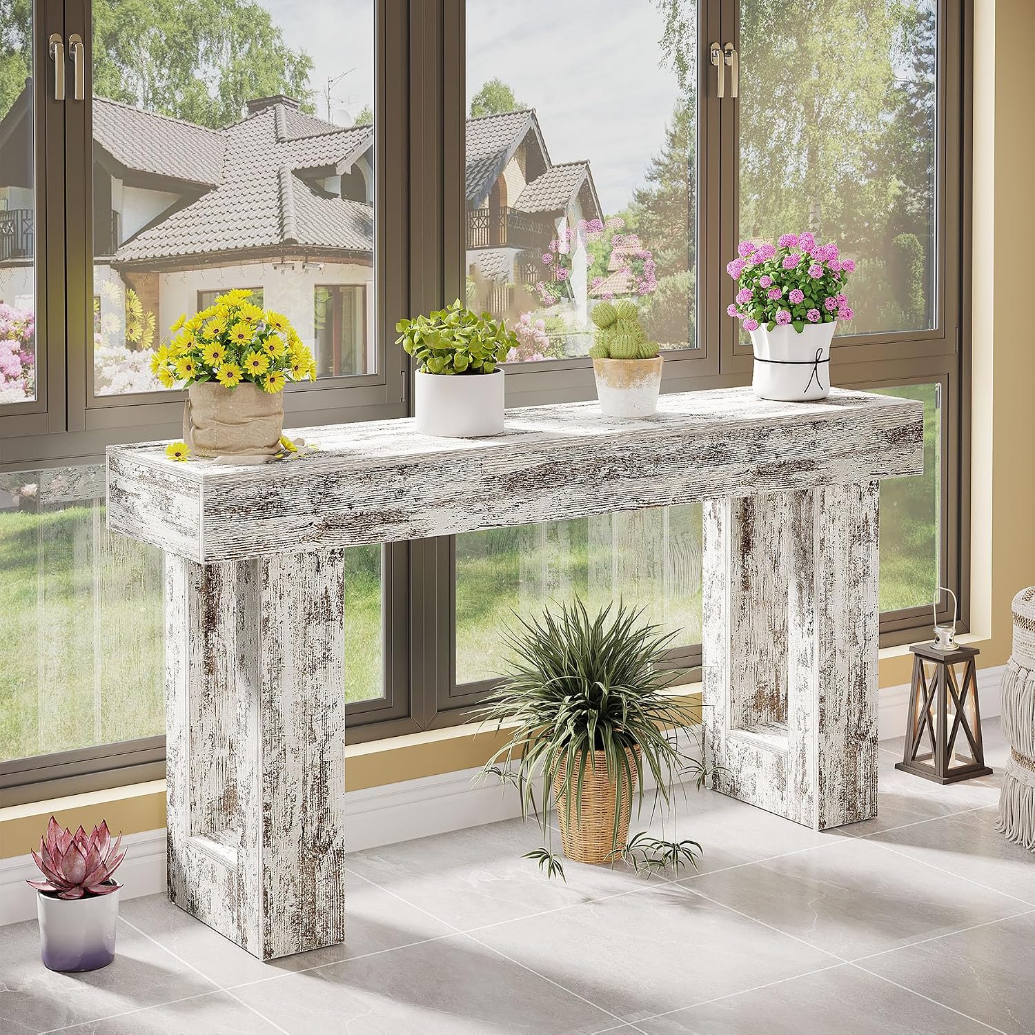Tribesigns 63-Inch Long Console Table, Wooden Rectangular Sofa Table Behind The Couch, Farmhouse Entryway Table for Entrance, Hallway, Living Room (Distressed White)