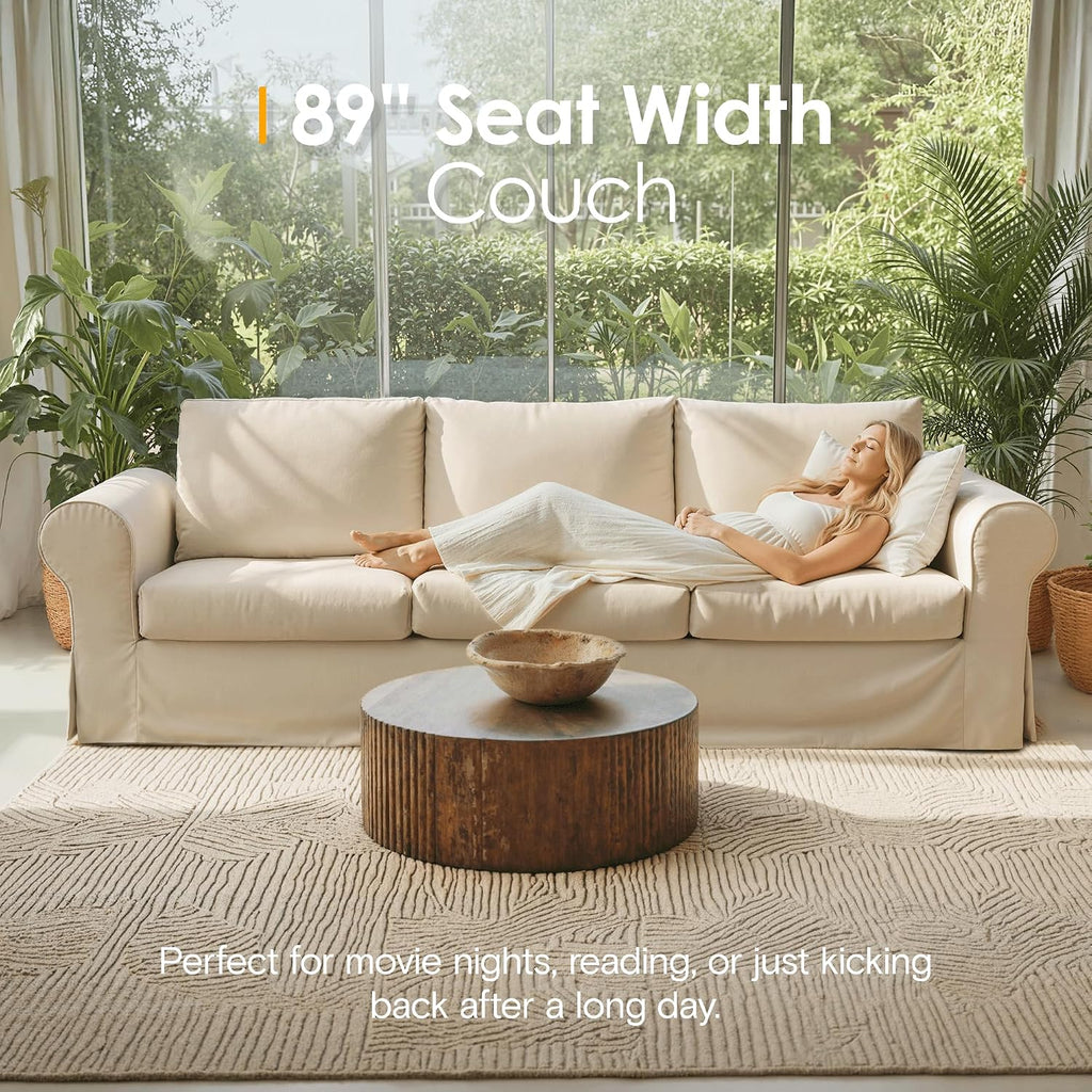 89' 3-Seater Couch for Living Room, Slipcovered Sofa, Beige Couches with Washable Cover, Supportive Cushions & Sturdy Frame, for Small Spaces, Apartment, Office, Easy Assembly