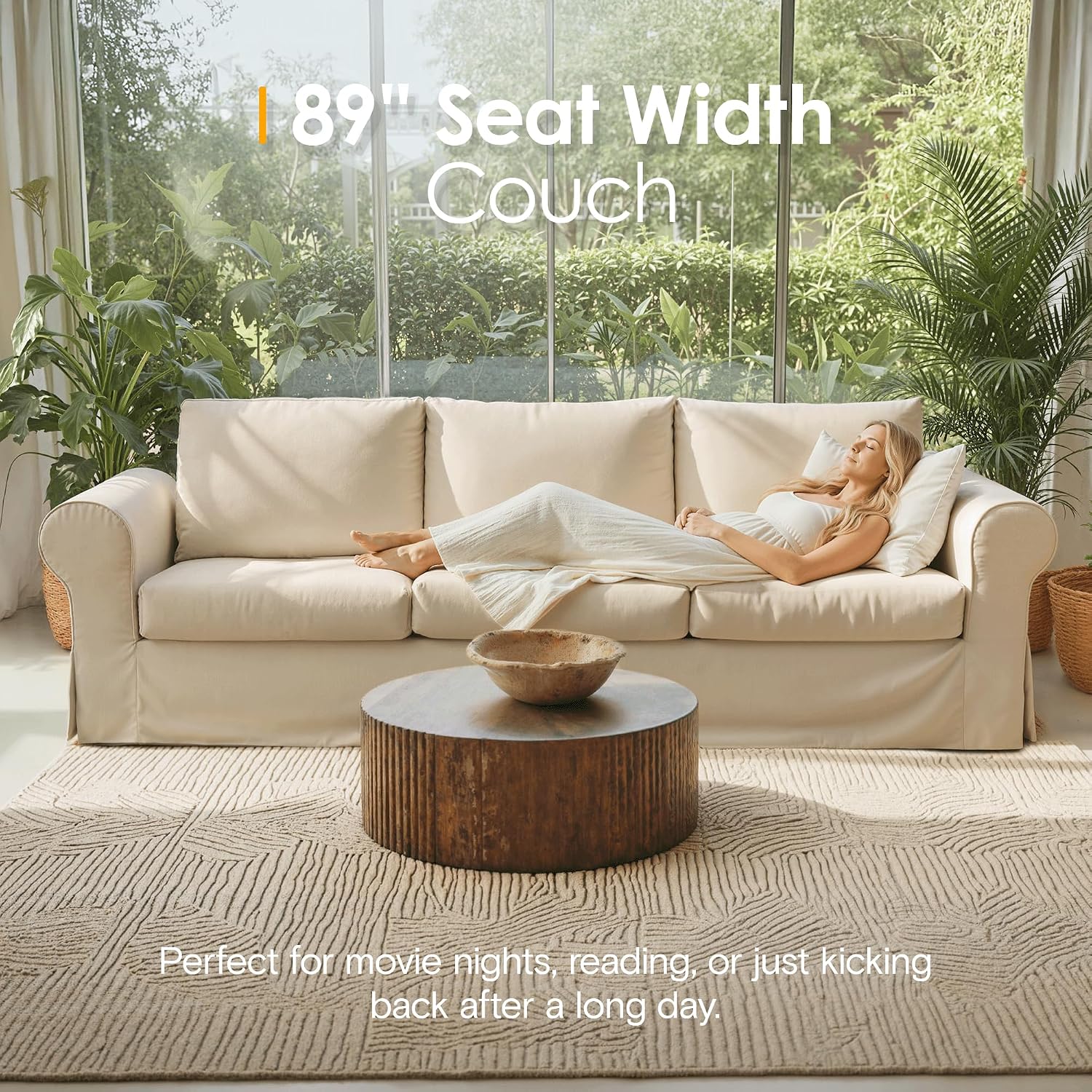 89' 3-Seater Couch for Living Room, Slipcovered Sofa, Beige Couches with Washable Cover, Supportive Cushions & Sturdy Frame, for Small Spaces, Apartment, Office, Easy Assembly