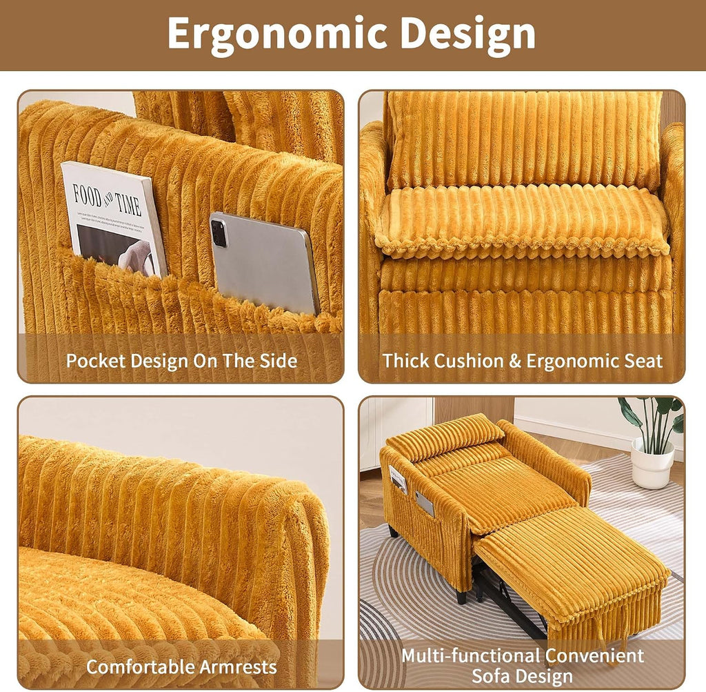 Majnesvon Modern Corduroy Fabric Sofa Bed Futon, 3 in 1 Convertible Pullout Bed Sleeper Couches with 3 Reclining Backrests, Small Sofa Chair Bed for Living Room Bedroom (Yellow)