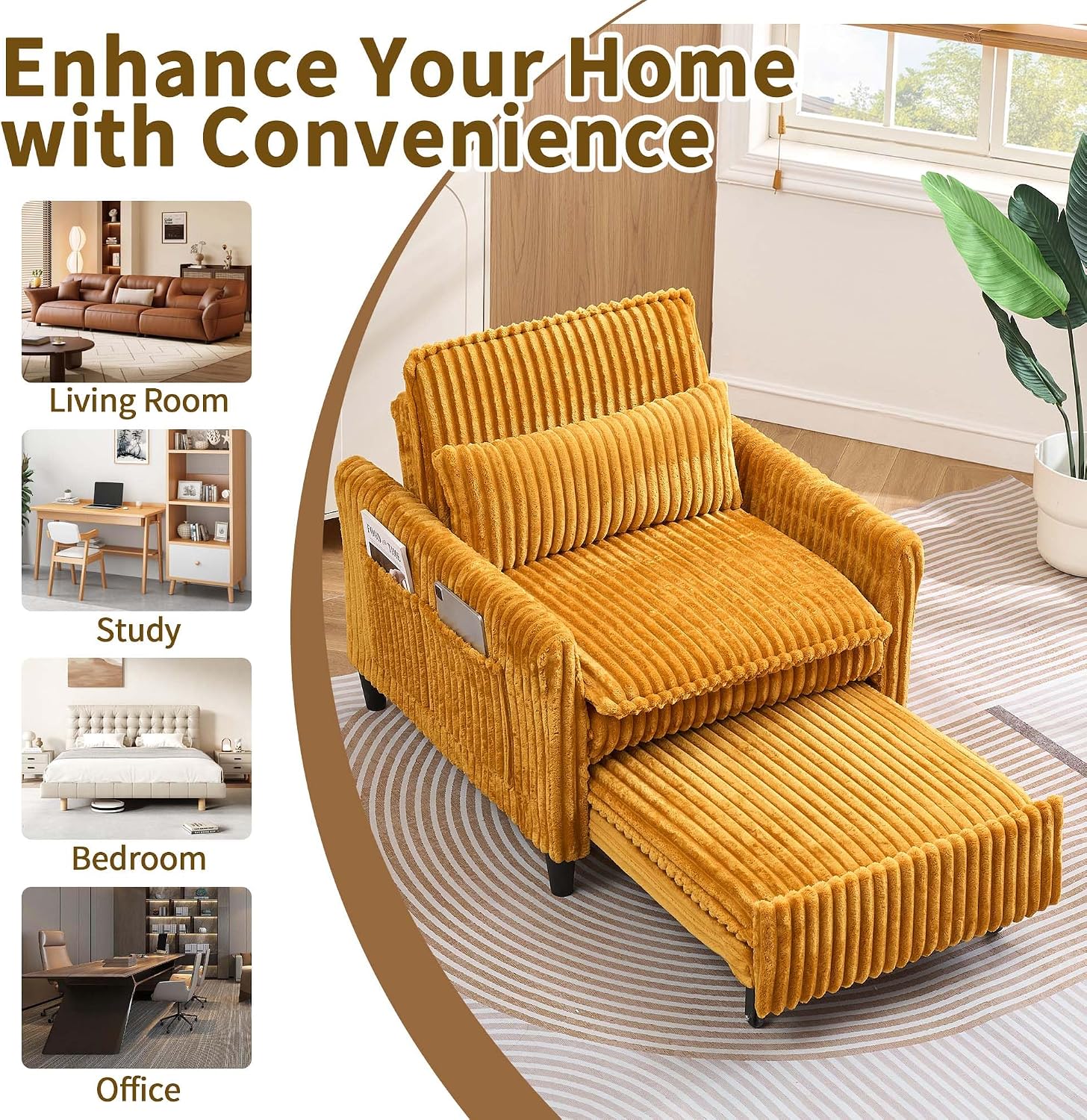Majnesvon Modern Corduroy Fabric Sofa Bed Futon, 3 in 1 Convertible Pullout Bed Sleeper Couches with 3 Reclining Backrests, Small Sofa Chair Bed for Living Room Bedroom (Yellow)