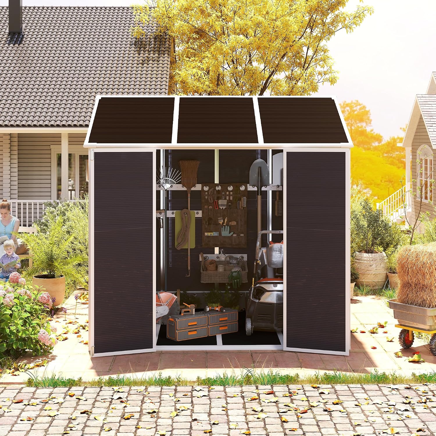 8x7ft Outdoor Storage Shed with Lockable Double Doors, Heavy Duty Resin Garden Shed for Backyard, 2 Windows & Floor Included, Hurricane-Proof, Waterproof UV-Resistant for Lawn Mower/Patio Furniture