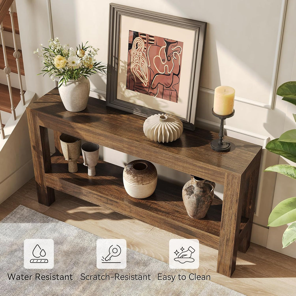 LITTLE TREE 63-Inch Wood Entryway Table, Long Farmhouse Narrow Console Table for Living Room, Hallway, Sofa, Entry, Entrance, Foyer, Behind Couch with 2-Tier Shelves, Brown