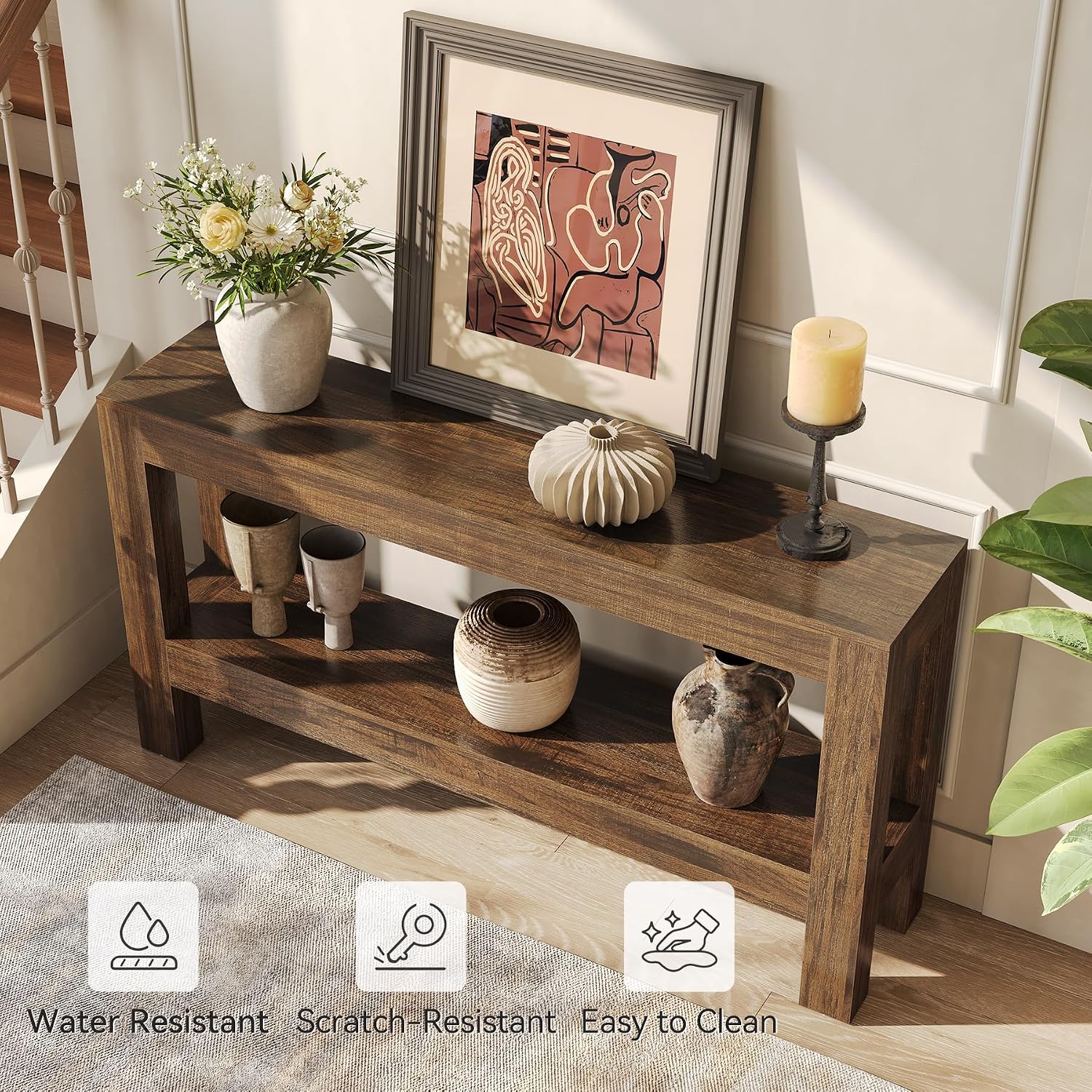 LITTLE TREE 63-Inch Wood Entryway Table, Long Farmhouse Narrow Console Table for Living Room, Hallway, Sofa, Entry, Entrance, Foyer, Behind Couch with 2-Tier Shelves, Brown