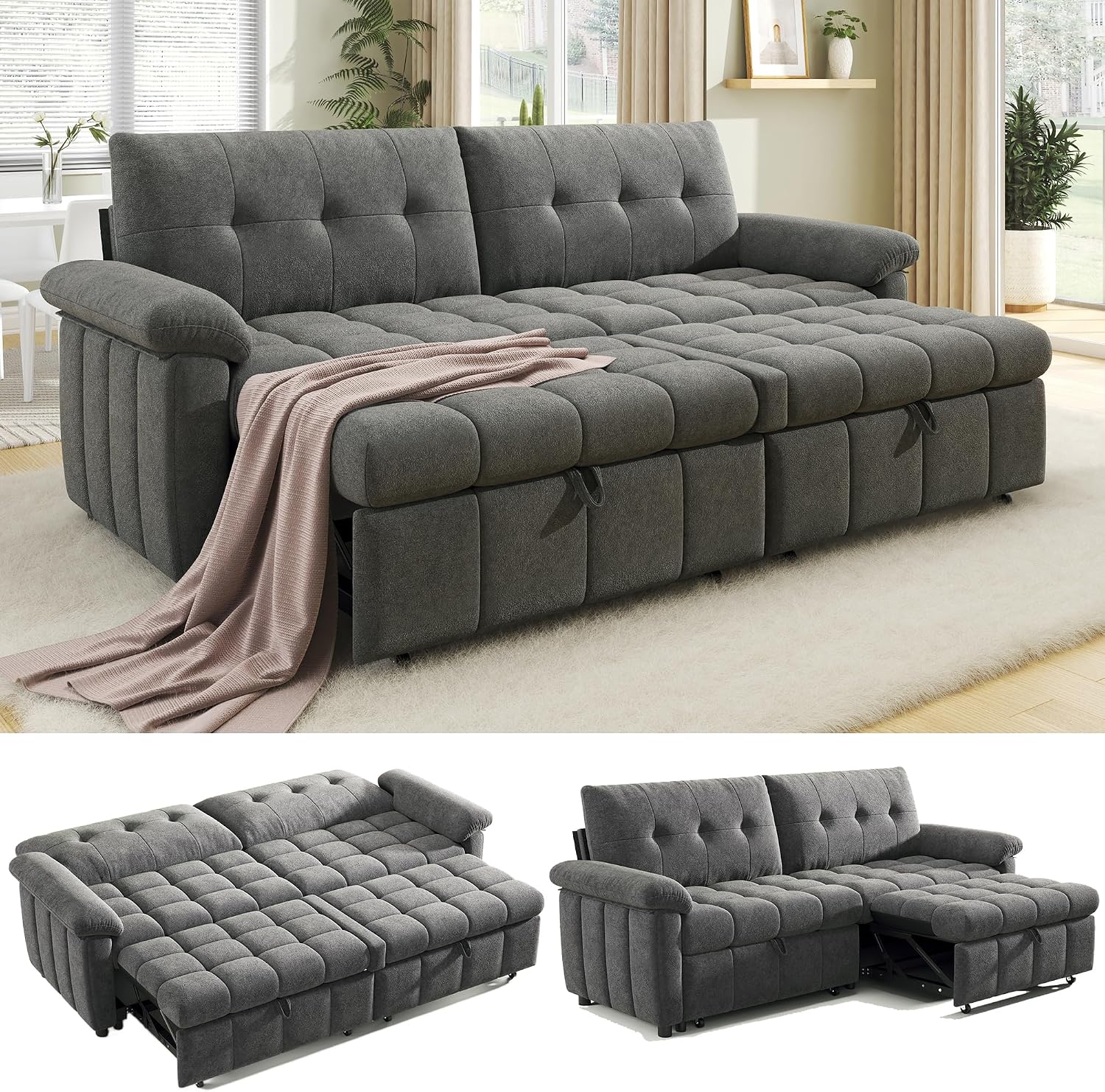 Jocisland 93' 4-in-1 Convertible Sofa Bed, Full Size Cloud Sleeper Sofa, Tufted Chenille, 5-Position Adjustable Backrest, 10-Minute Tool-Free Assembly, Couches for Living Room Guest Room, Gray