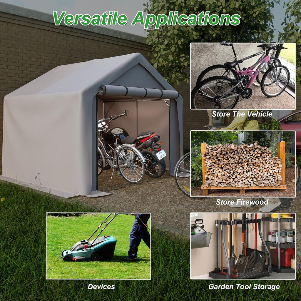 8x8 ft Storage Tent with Roll up Doors, Outdoor Portable Shelter Shed Garage Tent Carport, Waterproof Snowproof for Lawn Mower, Bike, Motorcycleand, Gray