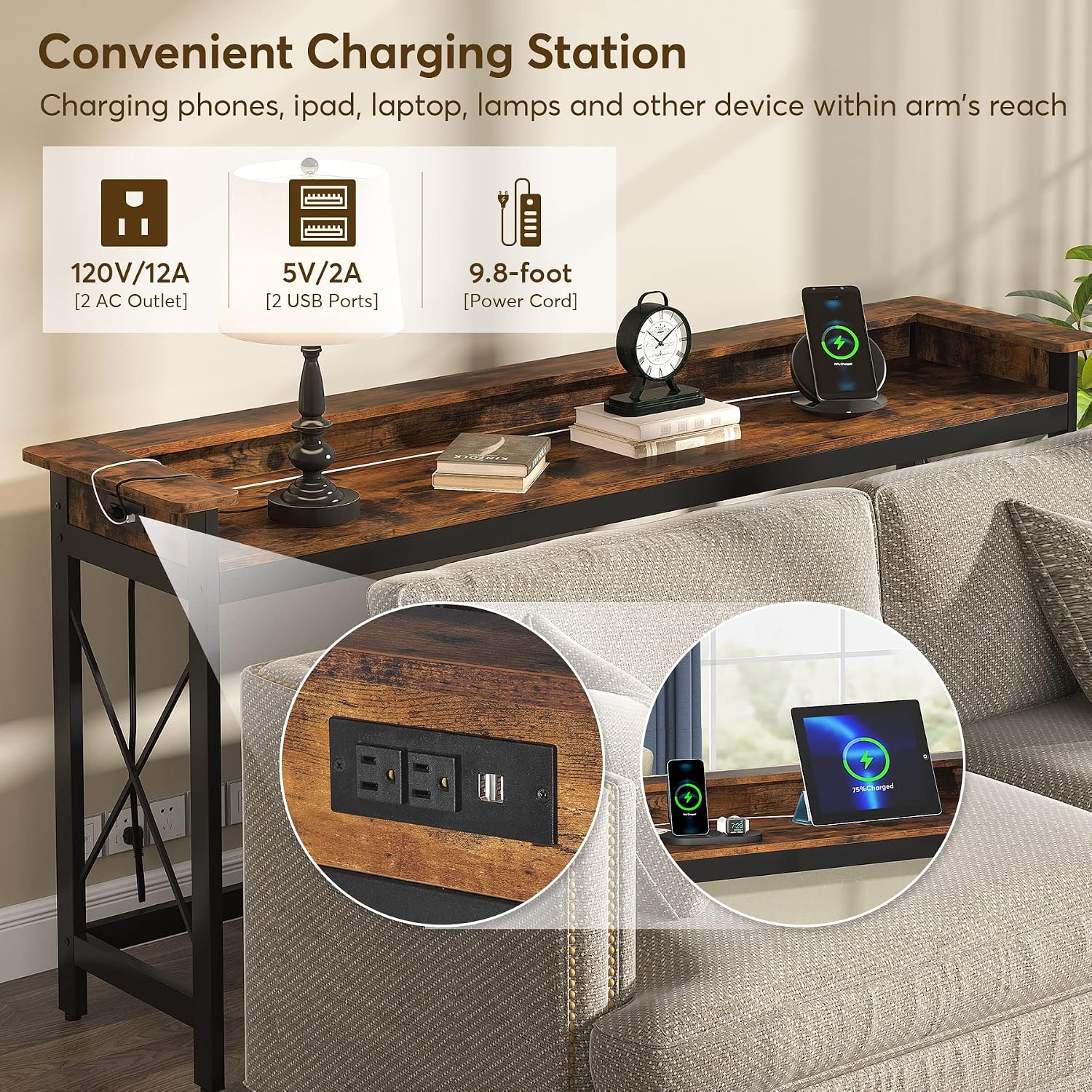 LITTLE TREE 70.9 inch Long Sofa Console Table with Outlets Charging Station Narrow Entryway Hallway Accent Furniture