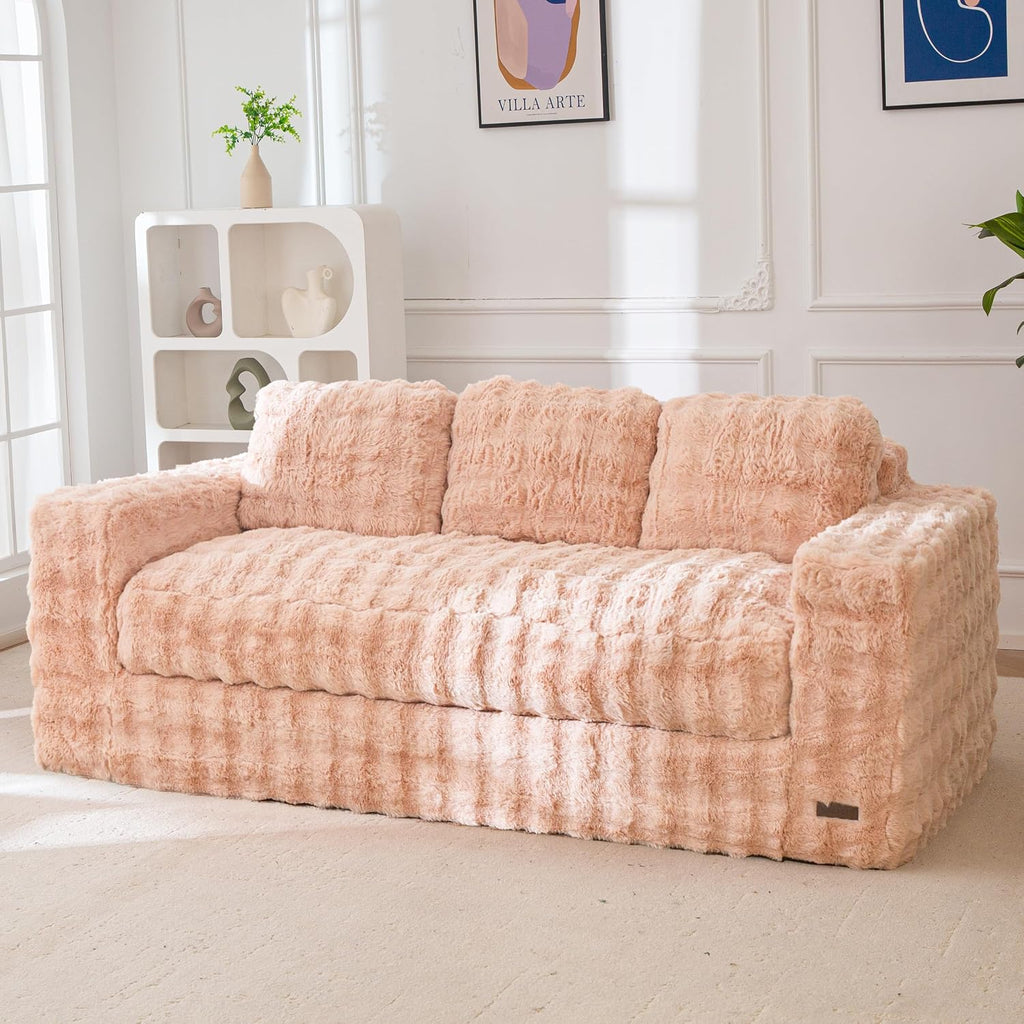 MAXYOYO 3 Seater Sofa for Living Room, Tufted Boneless Couch Bubbled Sofa Couch, Comfy Bean Bag Chair for Bedroom Apartment, No Assembly Needed, Pink