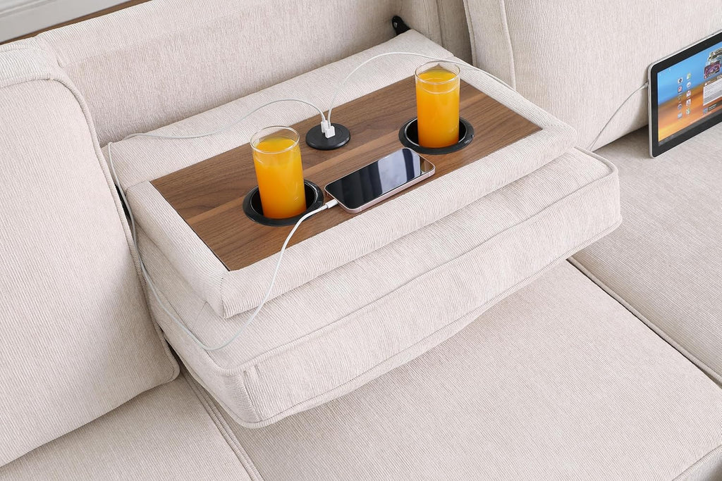 ERYE L-Shaped Pull Out Sleeper Couch Bed, Modern Chenille Upholstered Button Tufted Corner Couch Reversible Sectional Sleeper Sofa Bed W/Storage Chaise, Cup Holders