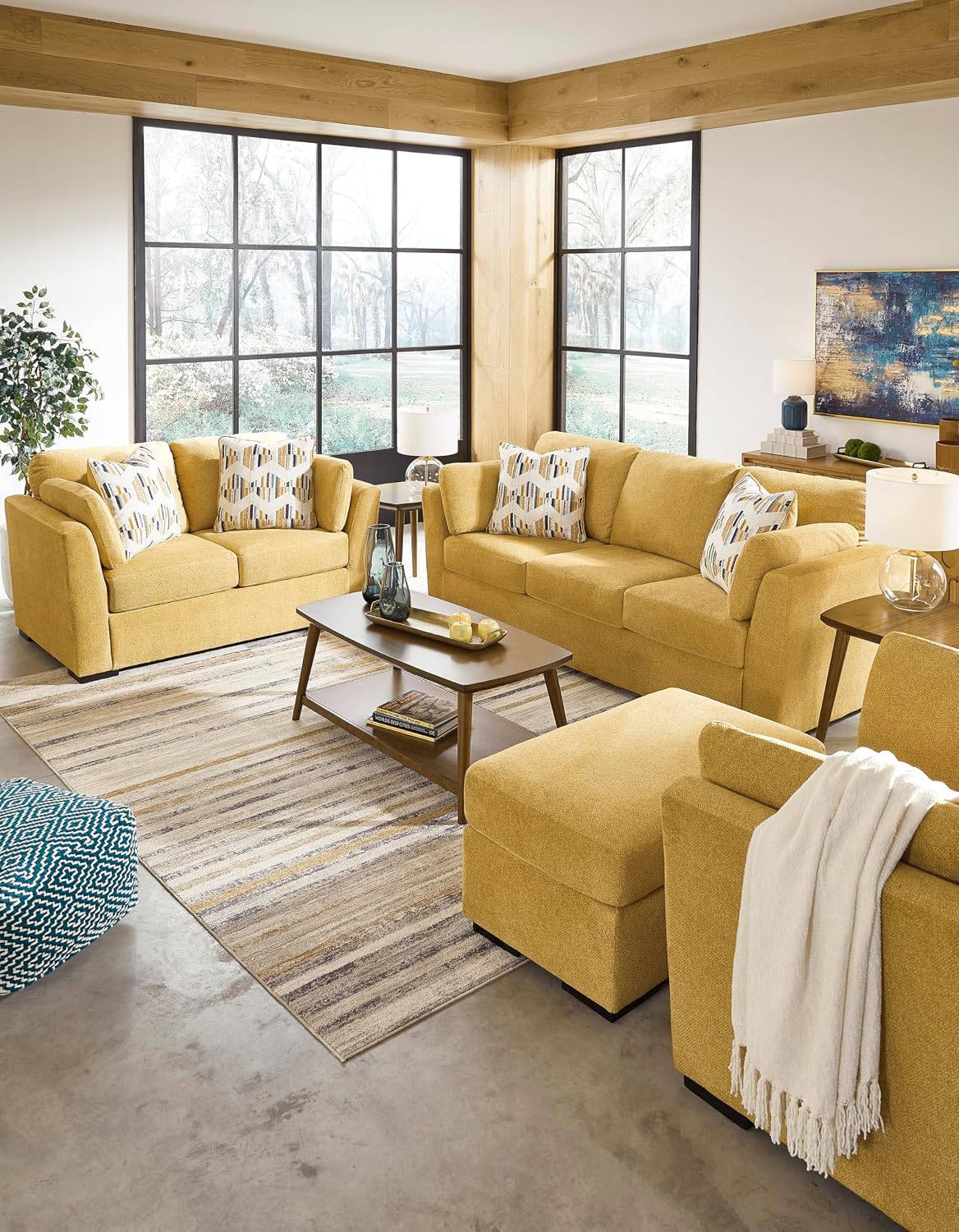 Signature Design by Ashley Keerwick Scandinavian 2-in-1 Sofa Sleeper with Folding Gel Memory Foam Mattress and 4 Pillows, Queen, Yellow