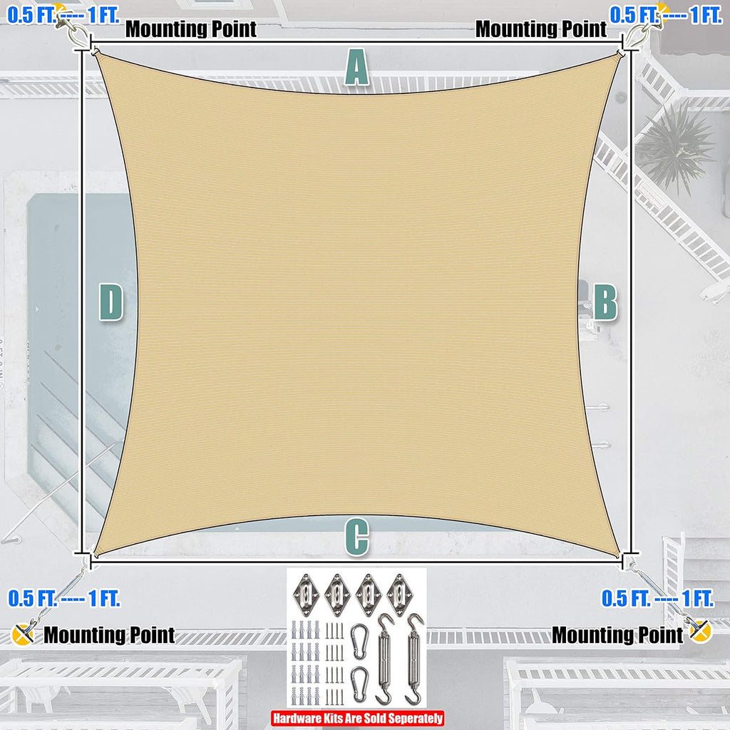 Amgo Custom Size 14' x 20' Beige Rectangle Square Sun Shade Sail UPF50+ AGTAPS10, Order to Make Canopy Awning, 95% UV Blockage, Water & Air Permeable, Commercial and Residential (We Customize)