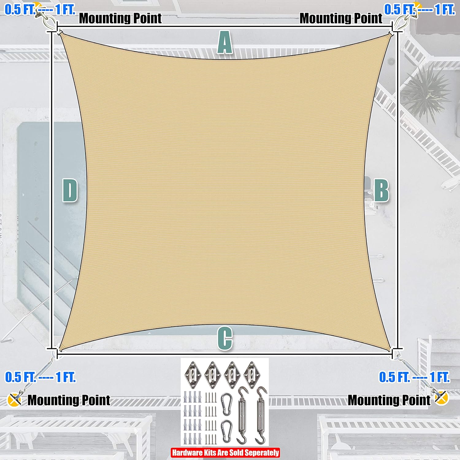 Amgo Custom Size 14' x 20' Beige Rectangle Square Sun Shade Sail UPF50+ AGTAPS10, Order to Make Canopy Awning, 95% UV Blockage, Water & Air Permeable, Commercial and Residential (We Customize)