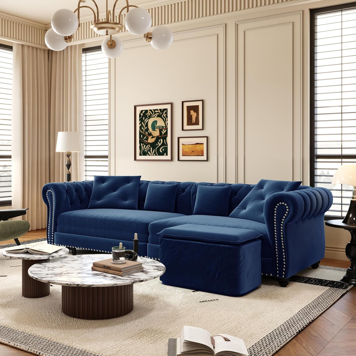 Eafurn 3 in 1 Oversized Chesterfield Loveseat Sofa Convertible Pull Out Sleeper Sofabed King Size Couch Bed w/Movable Ottoman and Nailhead Trim for Living Room Tufted Velvet Recliner Daybed Sofacama